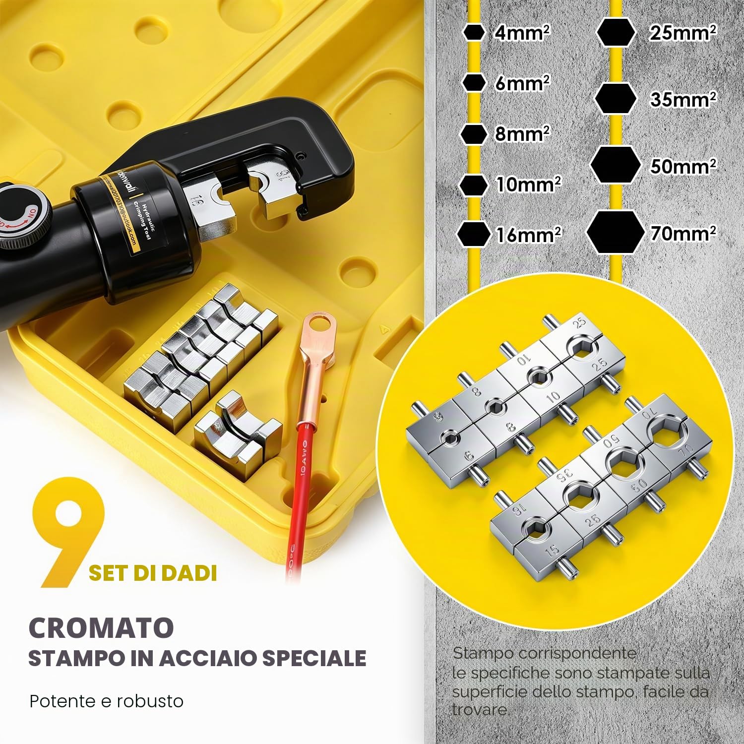 CGOLDENWALL Pinza Crimpatrice Idraulica 4-70mm² per Rame/Allumini | Gamma di Crimpatura 4–70 mm² con 9 Matrici, Terminali Rame/Alluminio, Testa Rotante 180°, 70% Meno Sforzo Manuale