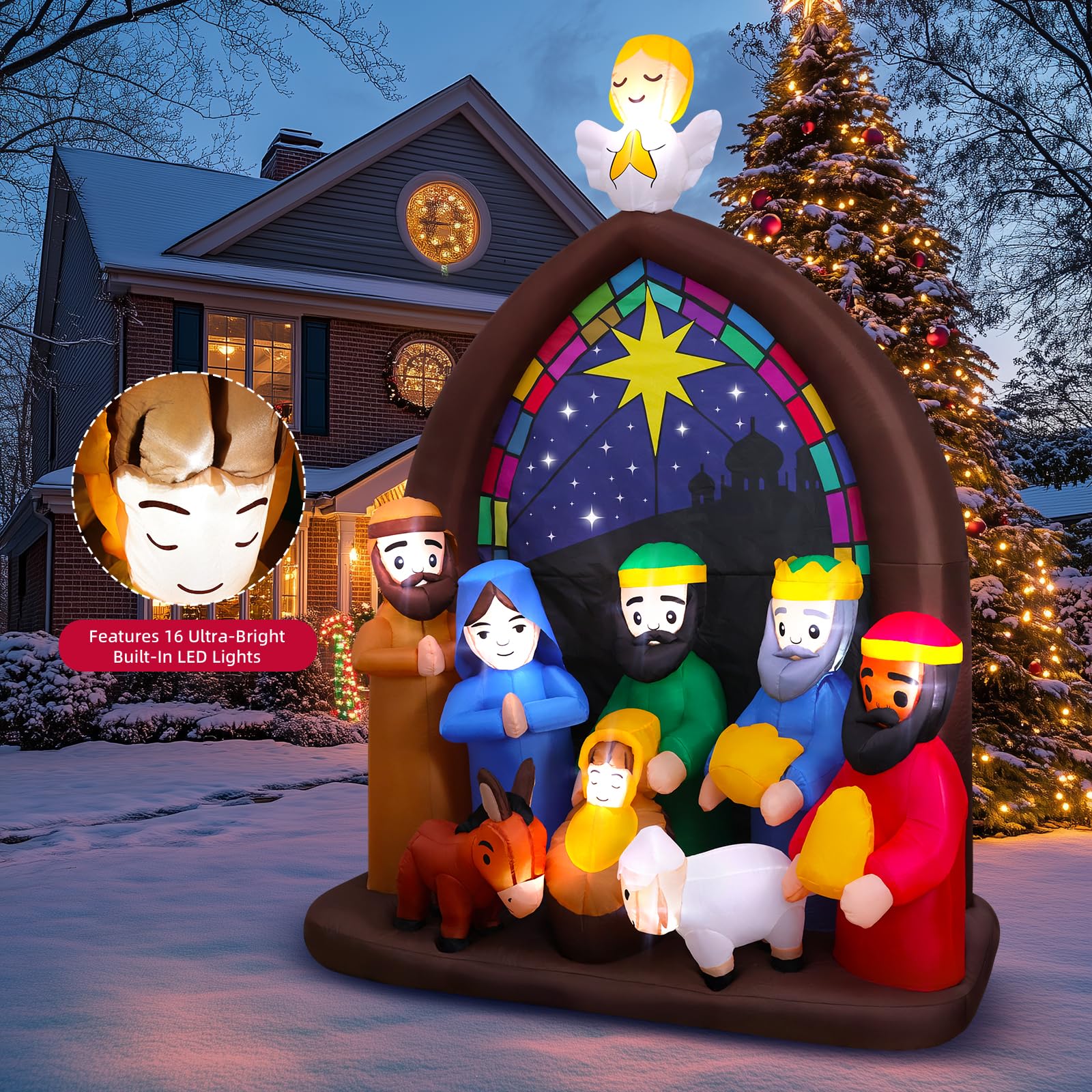 Crèche de Noël Gonflable de 2,4 m avec lumières LED, Grande crèche de Noël Gonflable Jésus pour Jardin, pelouse, église, décoration de Noël
