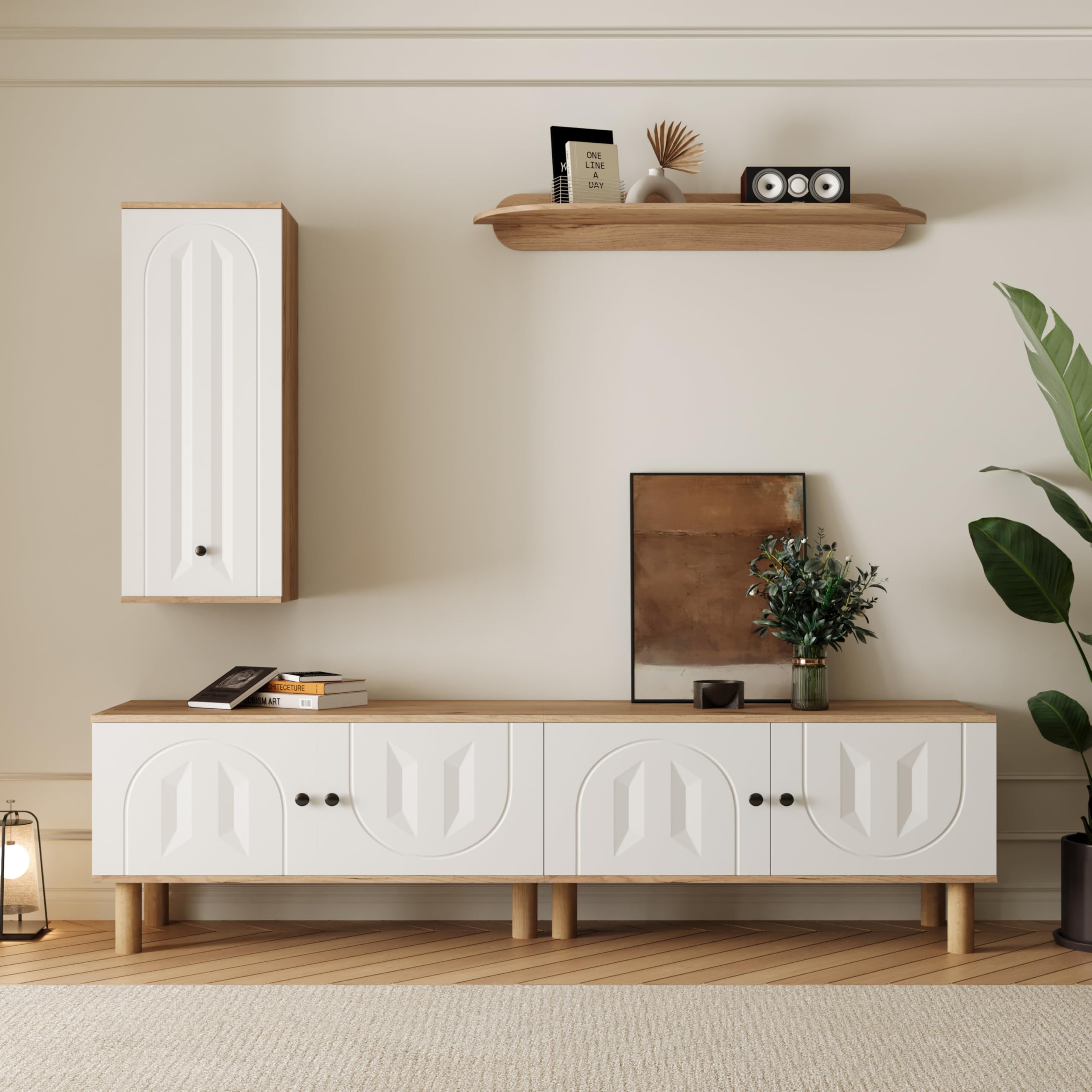 3 piezas, pared de salón, lo mejor de: Highboard, armarios, tablero de pared. Paneles de puerta tallados blancos y de madera.