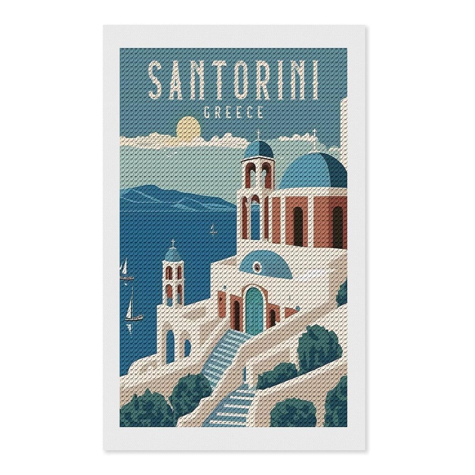 Junmoney Santorini Greece Travel(3) Diamond Painting Canvas Kit 12"x20", Adhesive Canvas, Christmas Gift, Full Kit Included, Thoughtful Present