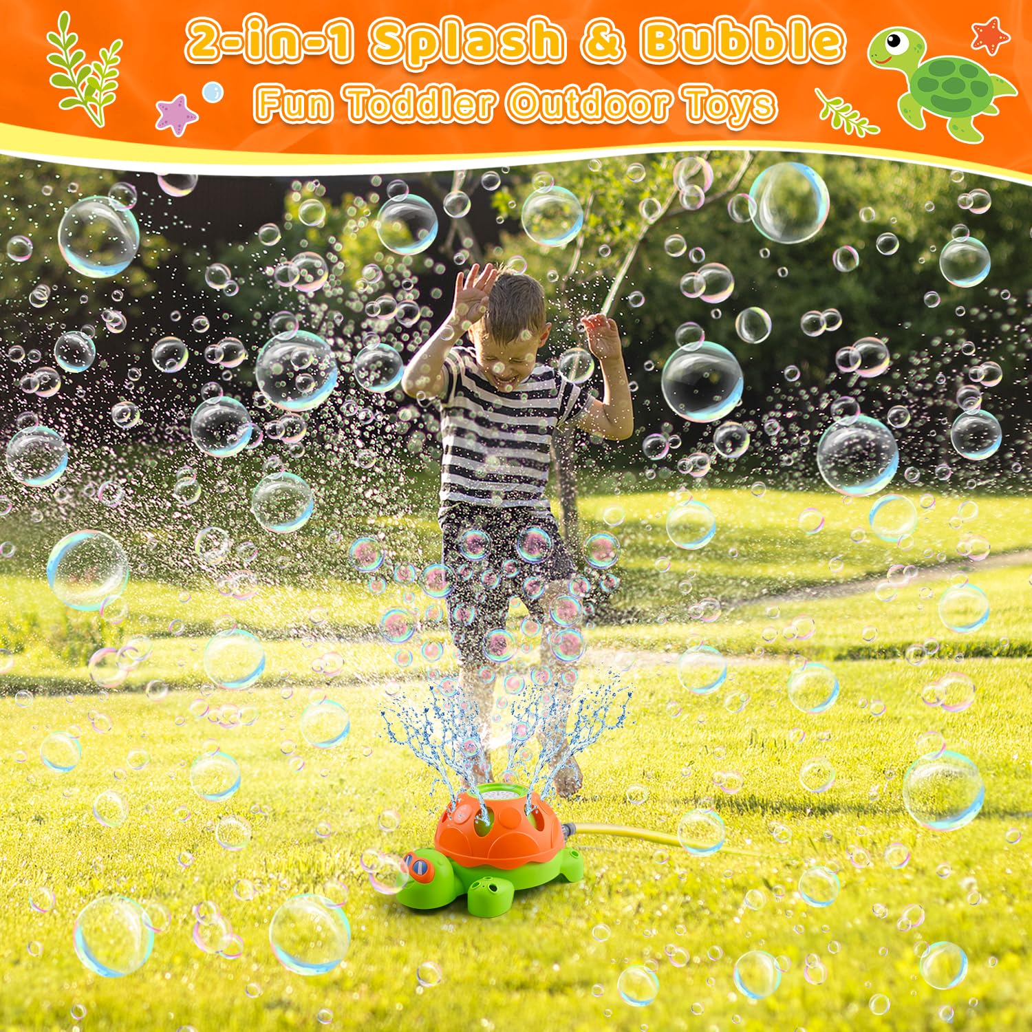 2 in 1 Sprinkler for Kids Summer Toys, Spinning Turtle & Bubble Machine Water Toys Toddler Outdoor Toys Backyard Games Splashing Fun Outside Toys Kids Sprinkler Gifts for Boys Girls