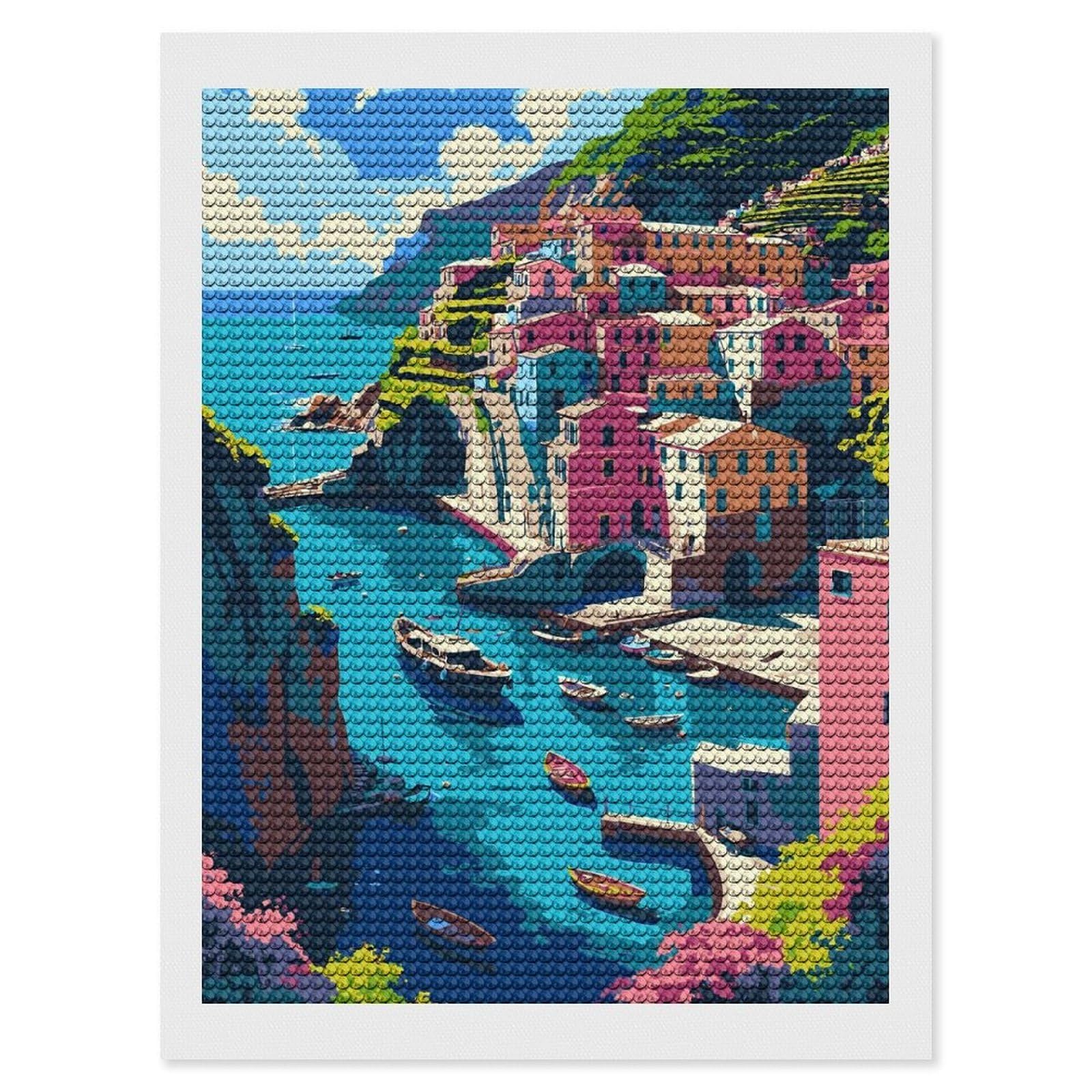 Junmoney Colorful Coastal Village Illustration DIY Diamond Art Canvas Kit 12"x16", Adhesive Canvas, Easy to Enjoy, Farmhouse Decor, Festive Craft Gift