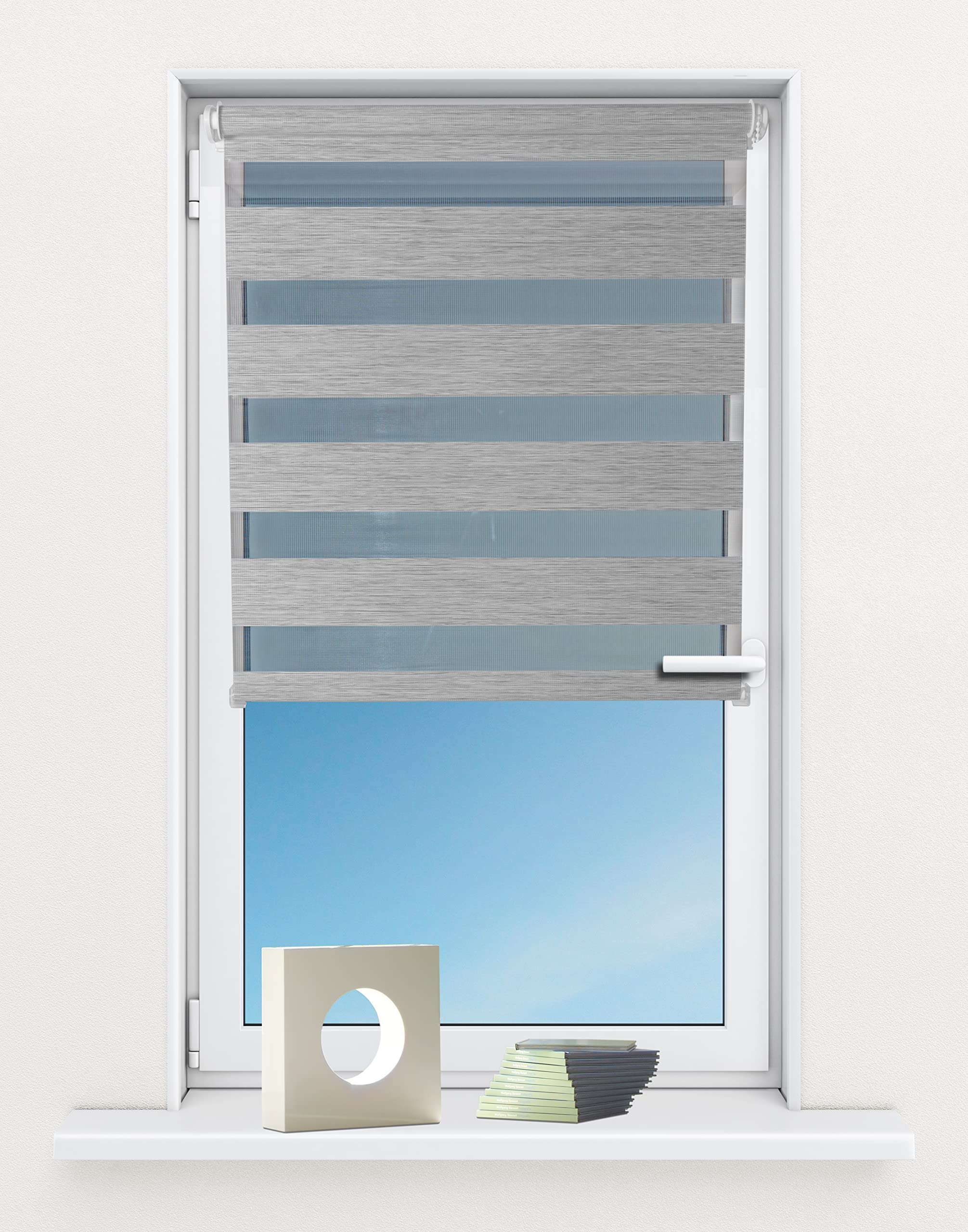 Doppelrollo Klemmfix ohne Bohren - 120 x 160 cm, Hellgrau meliert - lichtdurchlässig & Blickdicht - Duo Rollo für Fenster innen, Klemmrollo - Stoffbreite 116 cm