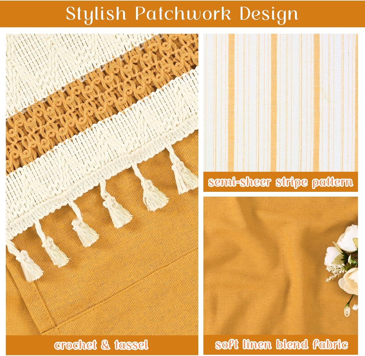 FRAMICS Farmhouse Linen Kitchen Curtains 36 Inch Length Yellow Striped Short Curtain for Windows Boho Crochet Small Window Curtains for Kitchen Rod Pocket Tier Curtain for Bathroom, Cafe, 2 Panels