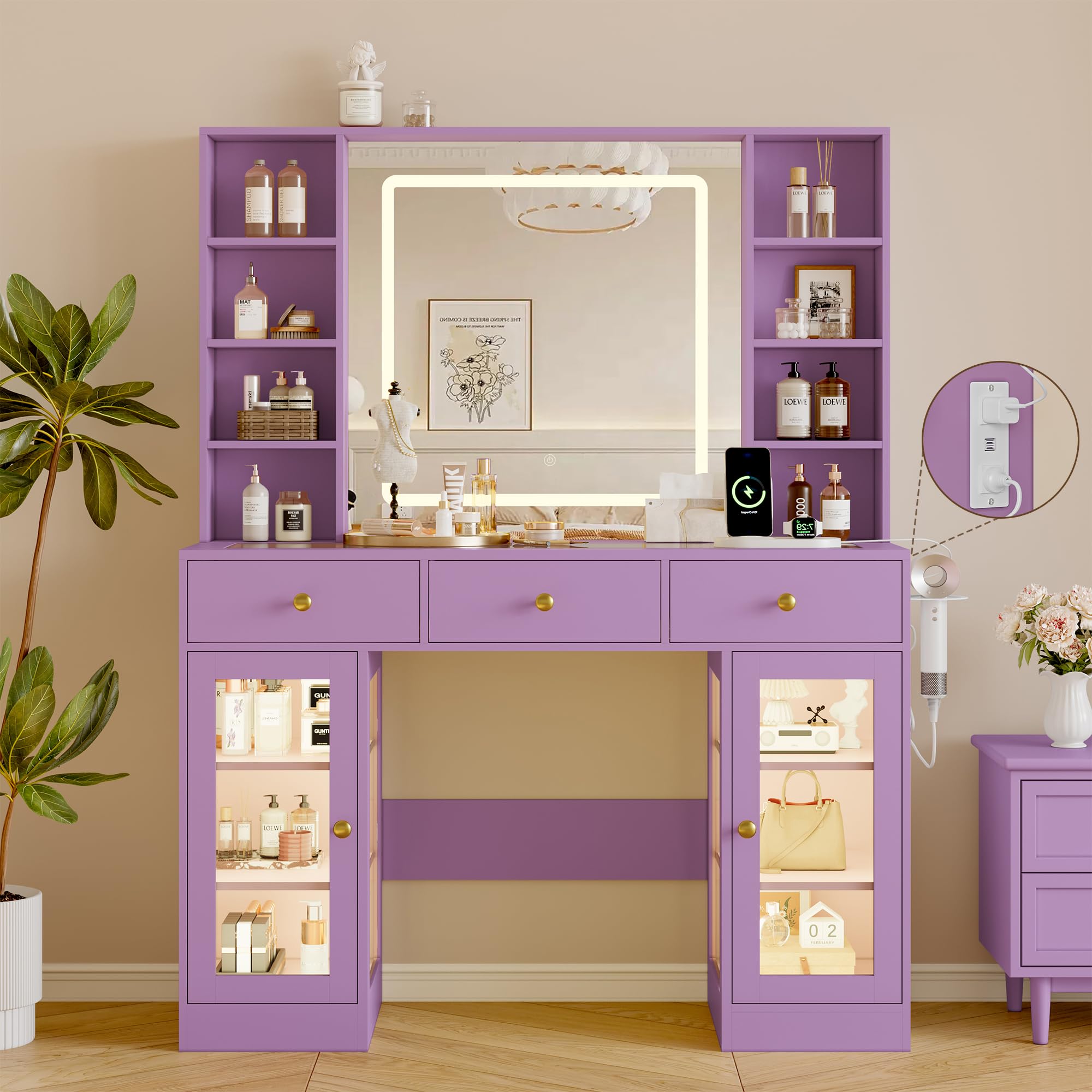 Makeup Vanity Desk with Mirror and Lights, 43" Purple Vanity with Glass Top, Jewelry Storage, 3 Drawers &amp; Glass Cabinets, Power Outlet &amp; Adjustable LED Lights, Dressing Table for Women &amp; Girls Bedroom