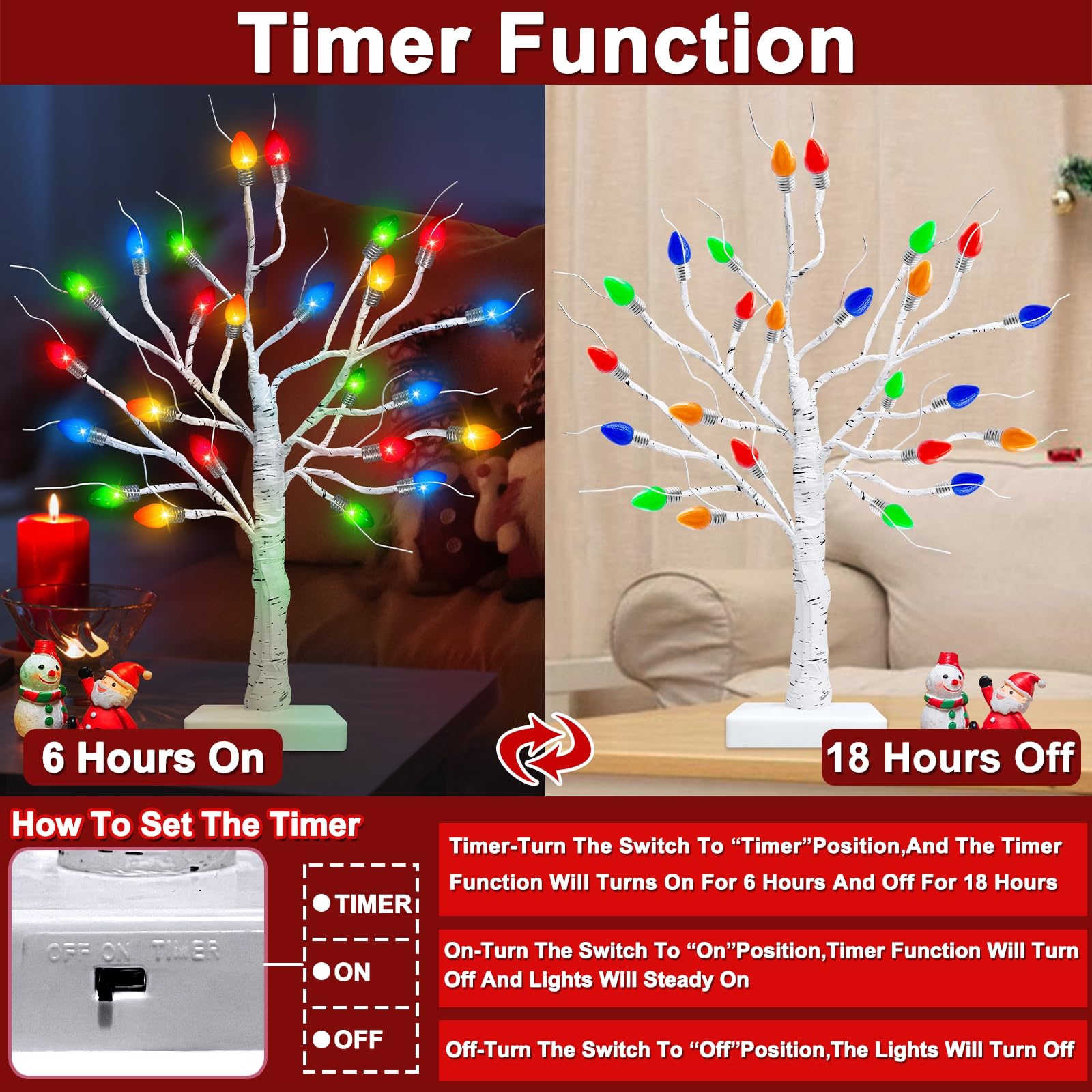 [ Timer & 2 Pack ] Lighted Birches Tree, Tabletop Christmas Tree with 48 Multicolor Lights Battery Operated Artificial Tree Lamp White Twig Tree Christmas Decorations Indoor Home Xmas Party Decor