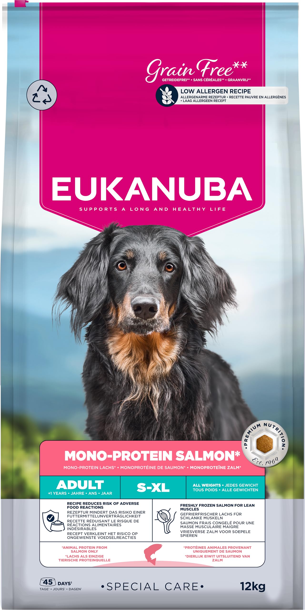 EUKANUBA Mono-Protéine Aliment pour Chiens au Saumon - Aliment Sec Special Care Uniquement à Base de Saumon, Source de protéines animales, Formule hypoallergénique, 12 kg
