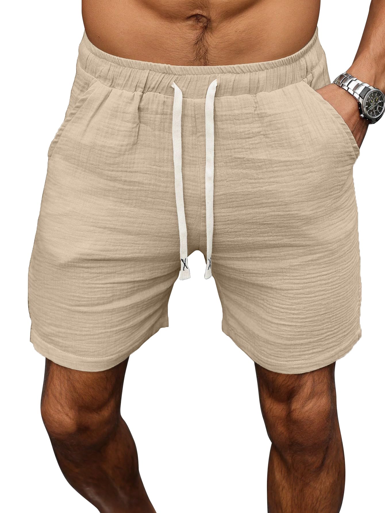 Men's Cotton Linen-Look Casual Shorts with Drawstring Elastic Waist | Loose Fit Summer Beach Cargo Shorts with Pockets | Stylish Everyday Comfort Wear (Short 273)-image-45