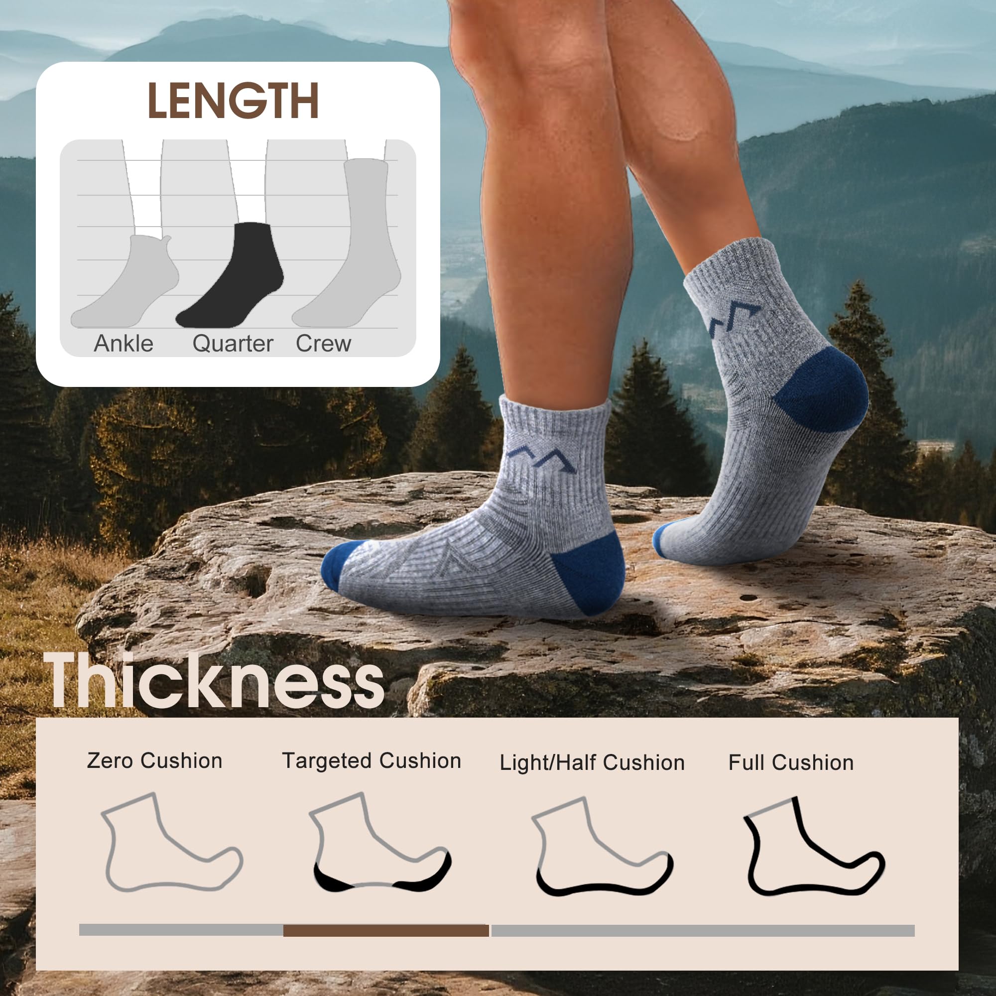 innotree Calzini da trekking in lana merino, per uomini e donne, a compressione a quarto alla caviglia, con cuscino spesso, traspiranti, anti odore, 5 paia