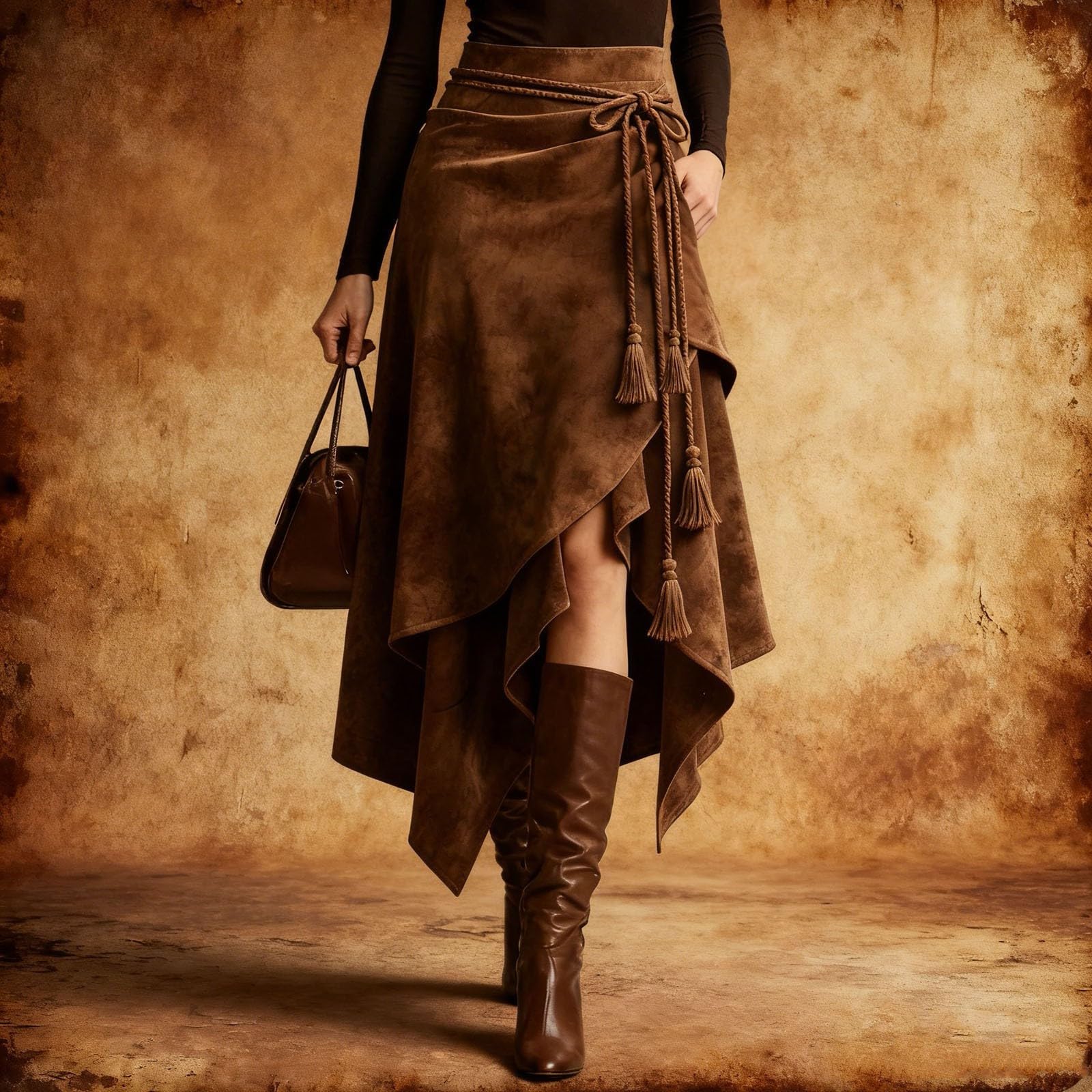 Wildleder Rock Damen Trachtenrock Cowgirl Vintage Hippie Midi Röcke Western Cowboy Rock Asymmetrischer Saum Lange Gothic Kleidung A-Linie Rock Hoch Taillierte Bodycon Winterrock