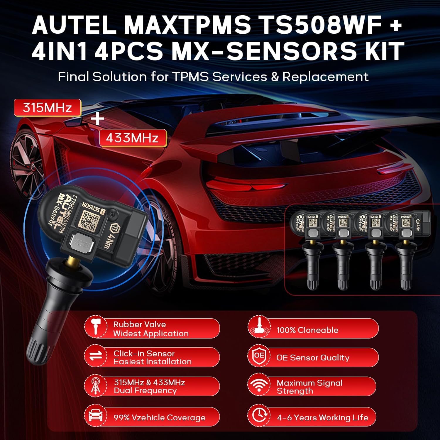 Autel MaxiTPMS TS508WF TPMS Programming Tool, w/$120 4PCS Autel TPMS Sensors, 2026 WiFi Ver. of TS408S TS501 TS508 TS601, Relearn/Activate/Diagnosis All Sensor, Read/Clear DTCs, Lifetime Update