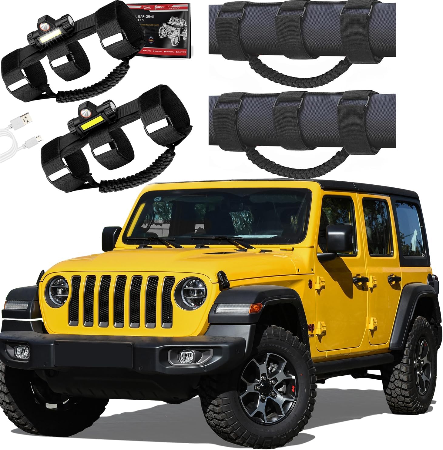 moveland Upgrade Roll Bar Grab Handles with Light + Roll Bar Grab Handles, Black Paracord Grip Handles for 1955-2023 Jeep Wrangler JL, JK, TJ, YJ & Jeep Gladiator Accessories