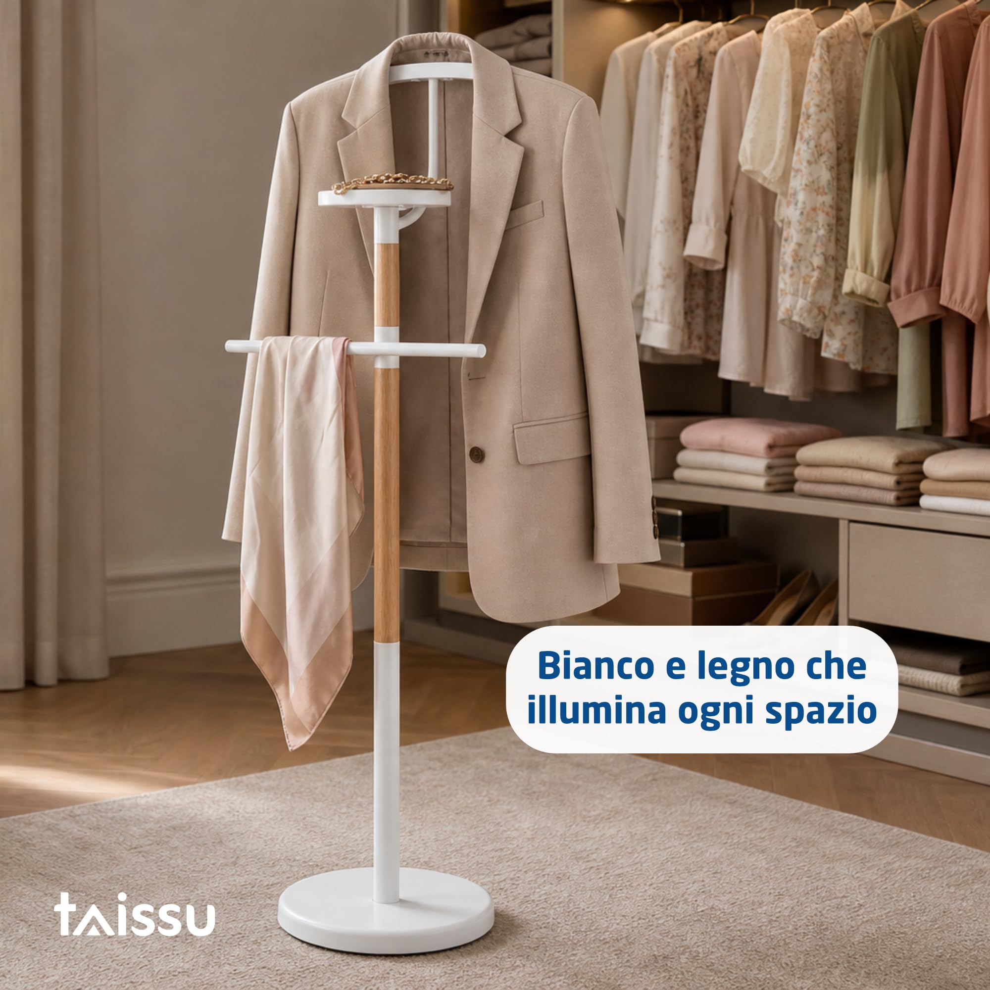 Servo Muto Mod. EIDE - Colore Bianco e Legno - Con Appendiabiti Superiore e Barra per Pantaloni - 47 x 29 x 111 cm - Acciaio e Legno - Appendiabiti per Camera da Letto