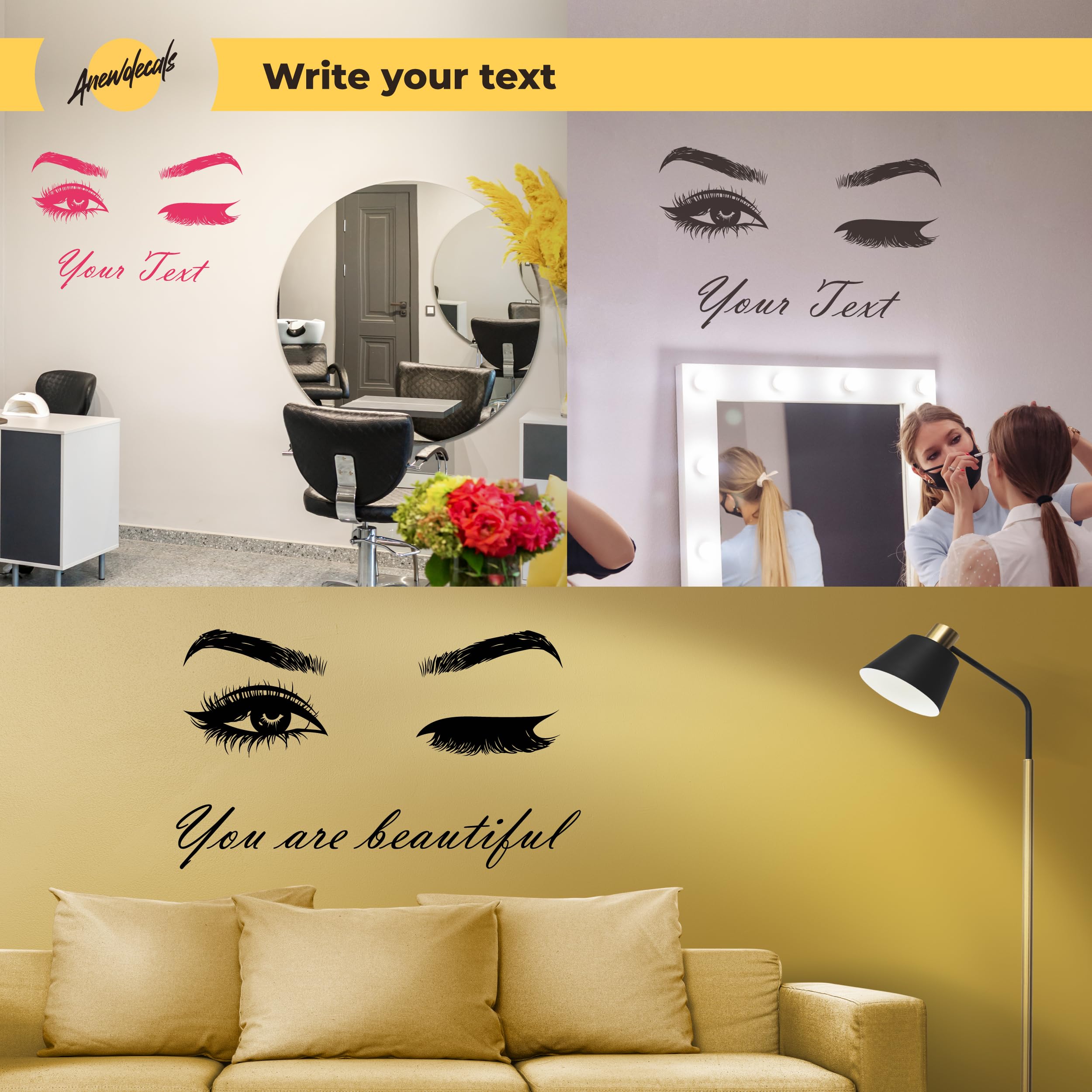 Eyelashes & Brows Wall Decal – Custom Text Beauty Salon Sticker For Home & Car