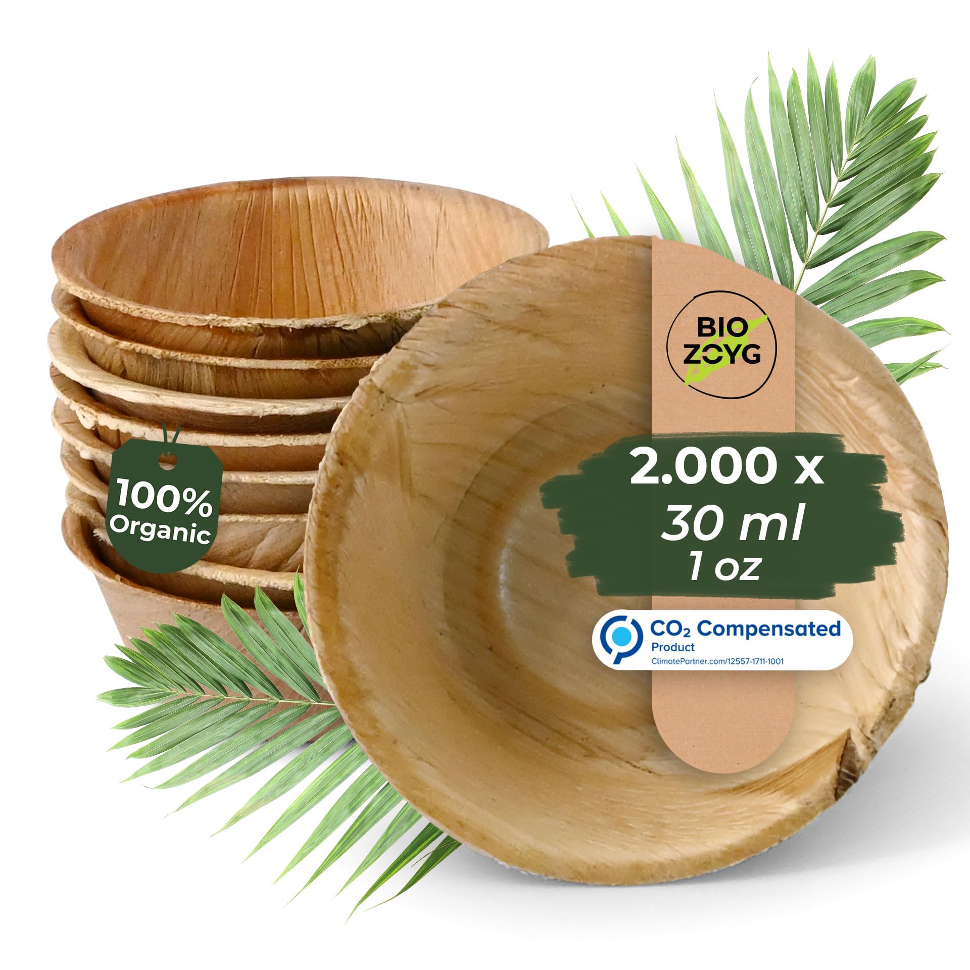 BIOZOYG 2000x Piattini per Dipping in Foglia di Palma 30 ml Rotondo - Mini Ciotoline per Finger Food, Monouso - Piccole Ciotole per Salse, Salse e Condimenti