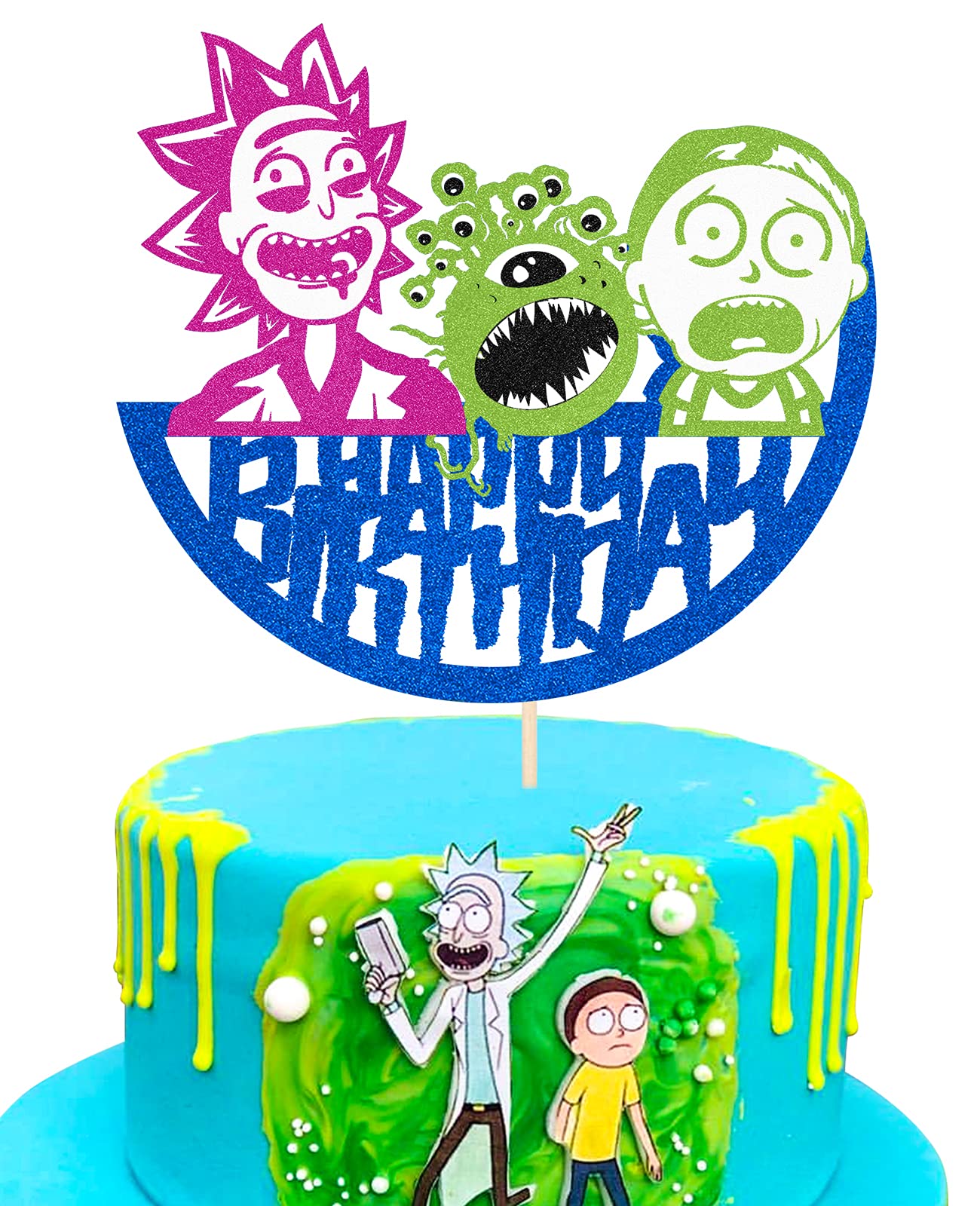 Amazon.com: WinParty Glitter Happy Birthday Cake Topper for Cartoon Rick  and Morty Themed Science Party Cake Decorations - Teenager Baby Shower  Boy's Birthday Party Supplies : Everything Else