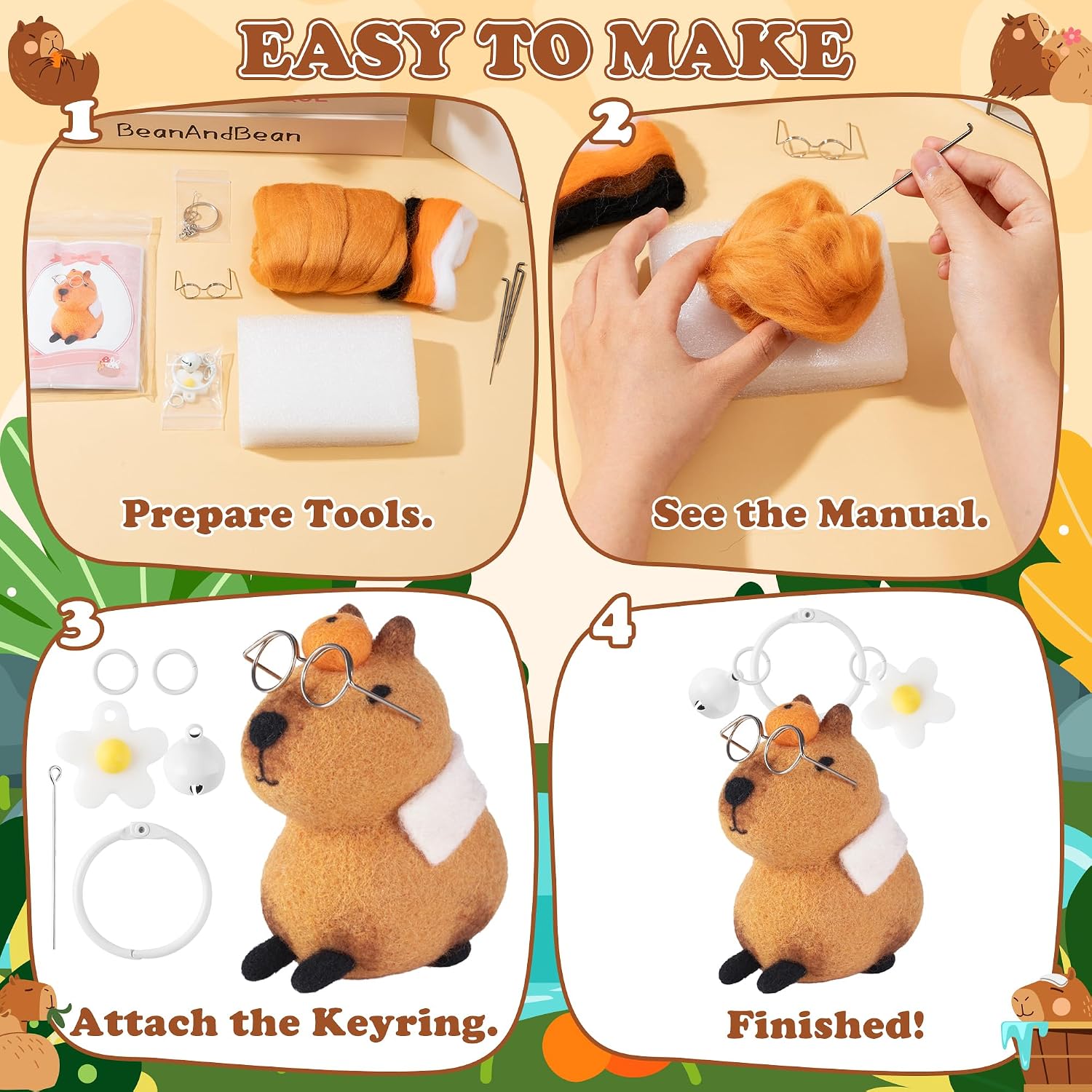 Capybara Needle Felting Kit - 5 Set Cute Animal DIY Doll Wool Craft Set with Felt Tool Instruction Foam Mat, DIY Needlework Keychain Craft for Adults Beginners Christmas Birthday Gift (Style 3)