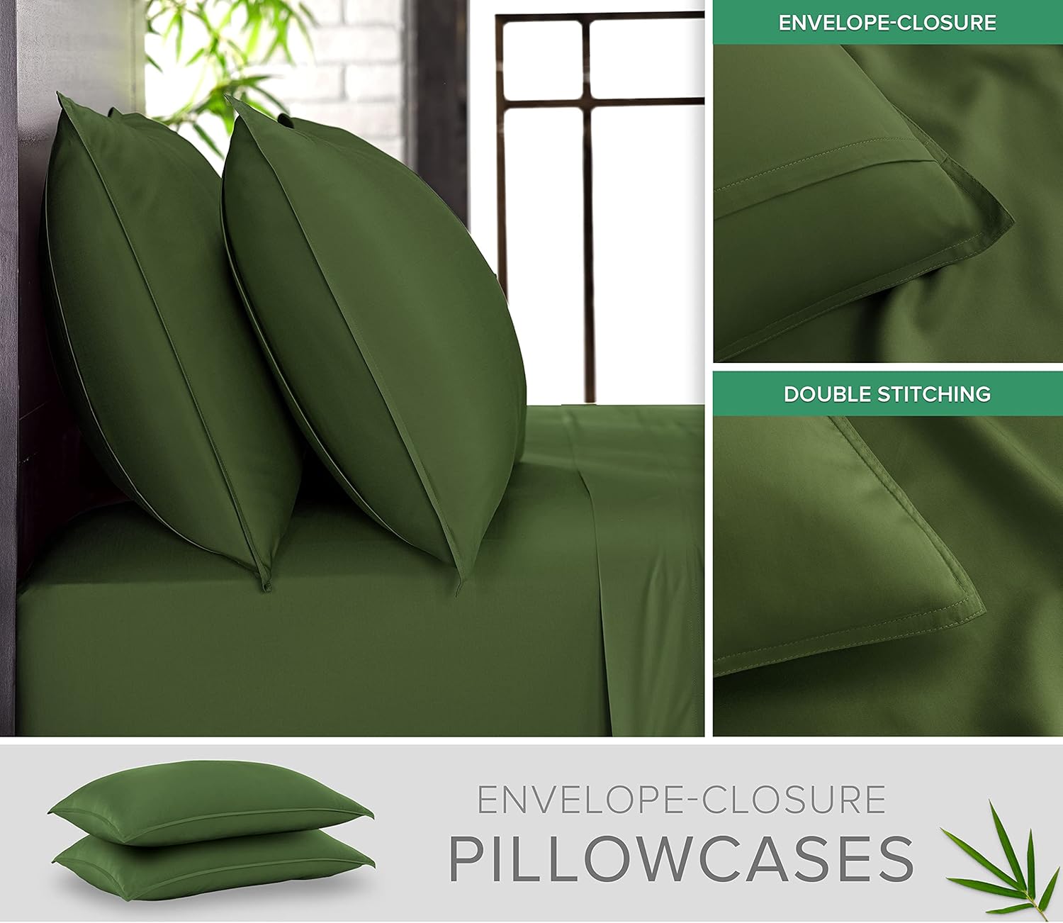 Pure Bamboo King Sheets, Genuine 100% Organic Viscose Derived from Bamboo Bed Sheet Set, Luxuriously Soft & Cooling, Double Stitching, 2 Year Quality Promise (King, Pesto) - Image 3