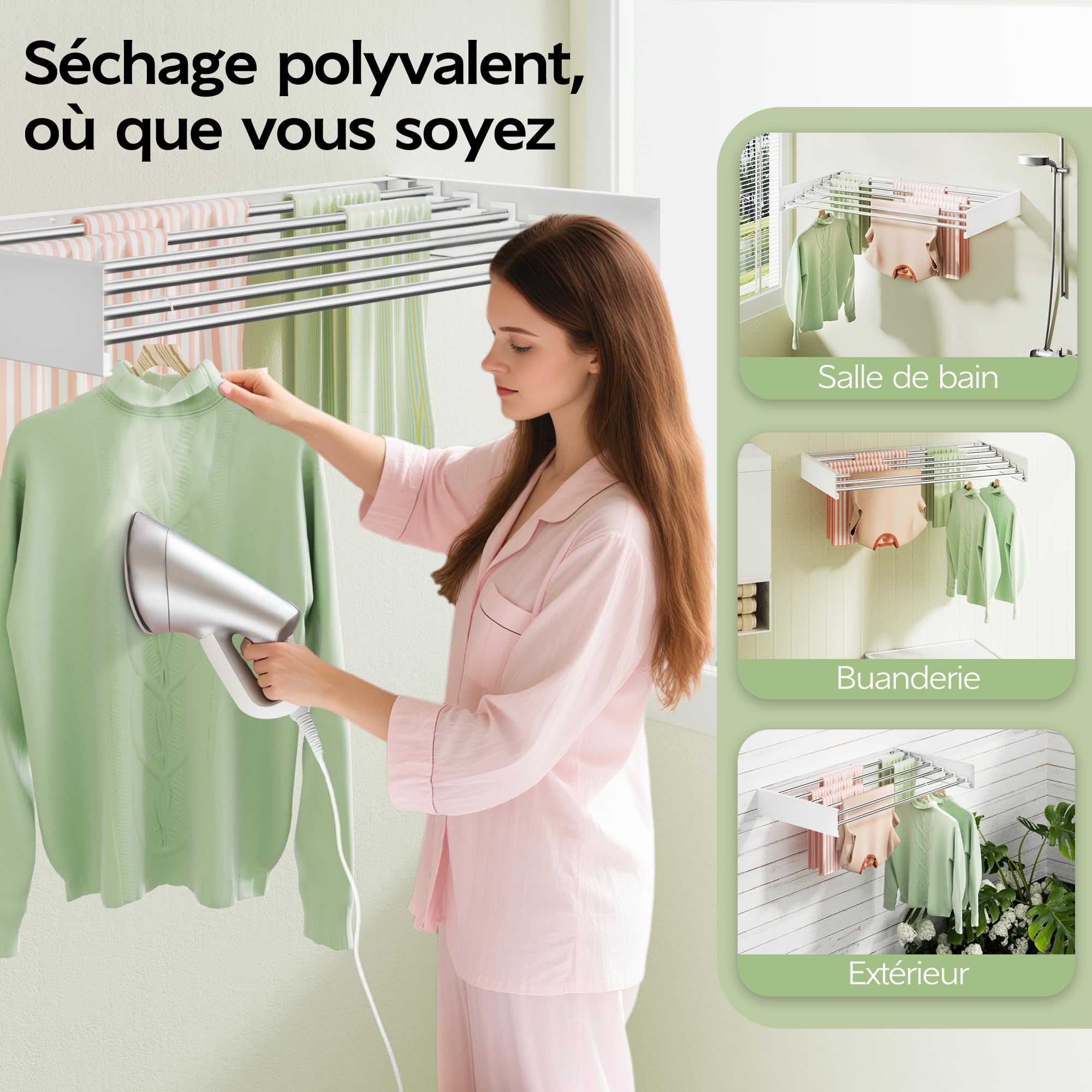 Vikaqi Étendoir à Linge Mural 100 cm, Séchoir Mural Pliable pour Intérieur, Séchoir à Linge Rabattable, Porte-Serviettes avec Gabarit de Perçage, 6 Barres, Blanc