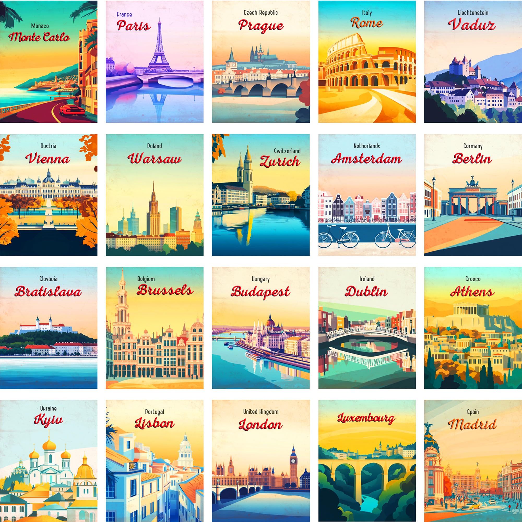 20 Pcs Europe Cities Posters for Room Aesthetic, Vintage Travel Landscape Gifts Collage for Home Man Cave Bedroom Dorm Wall Decor, Unframed Wall Art Print Poster Set of 20 (8" x 10")