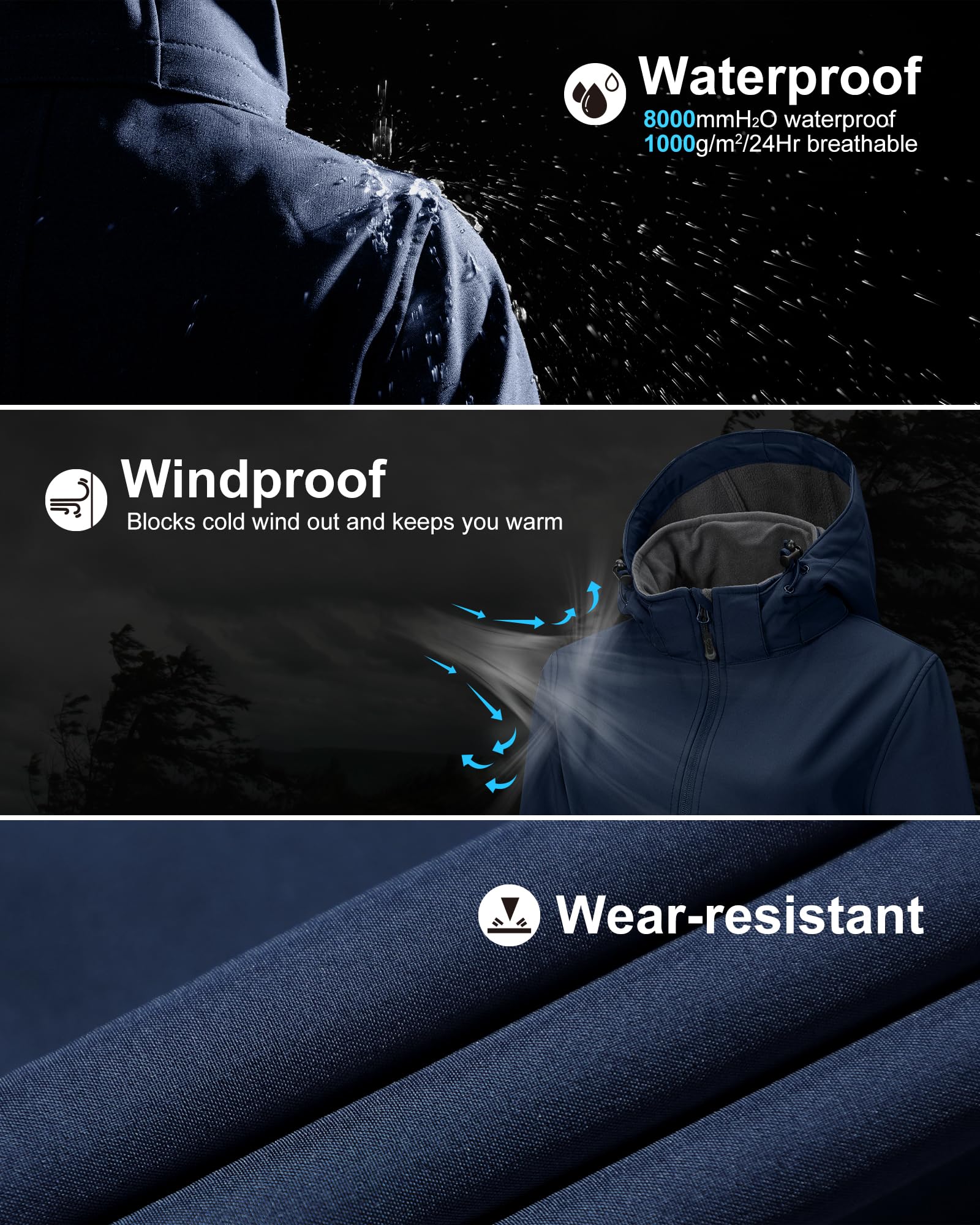 Chaqueta larga de softshell para mujer con capucha forrada de forro polar, resistente al viento, impermeable, cortavientos