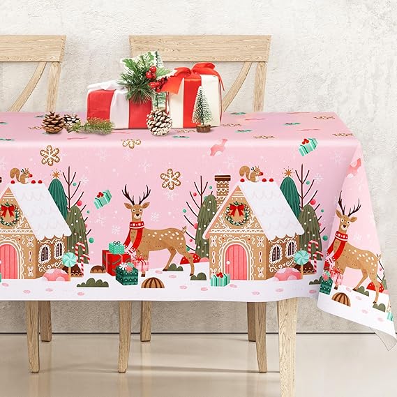Amazon.com: Pink Christmas Tablecloth 60 x 104 Inch Gingerbread House ...