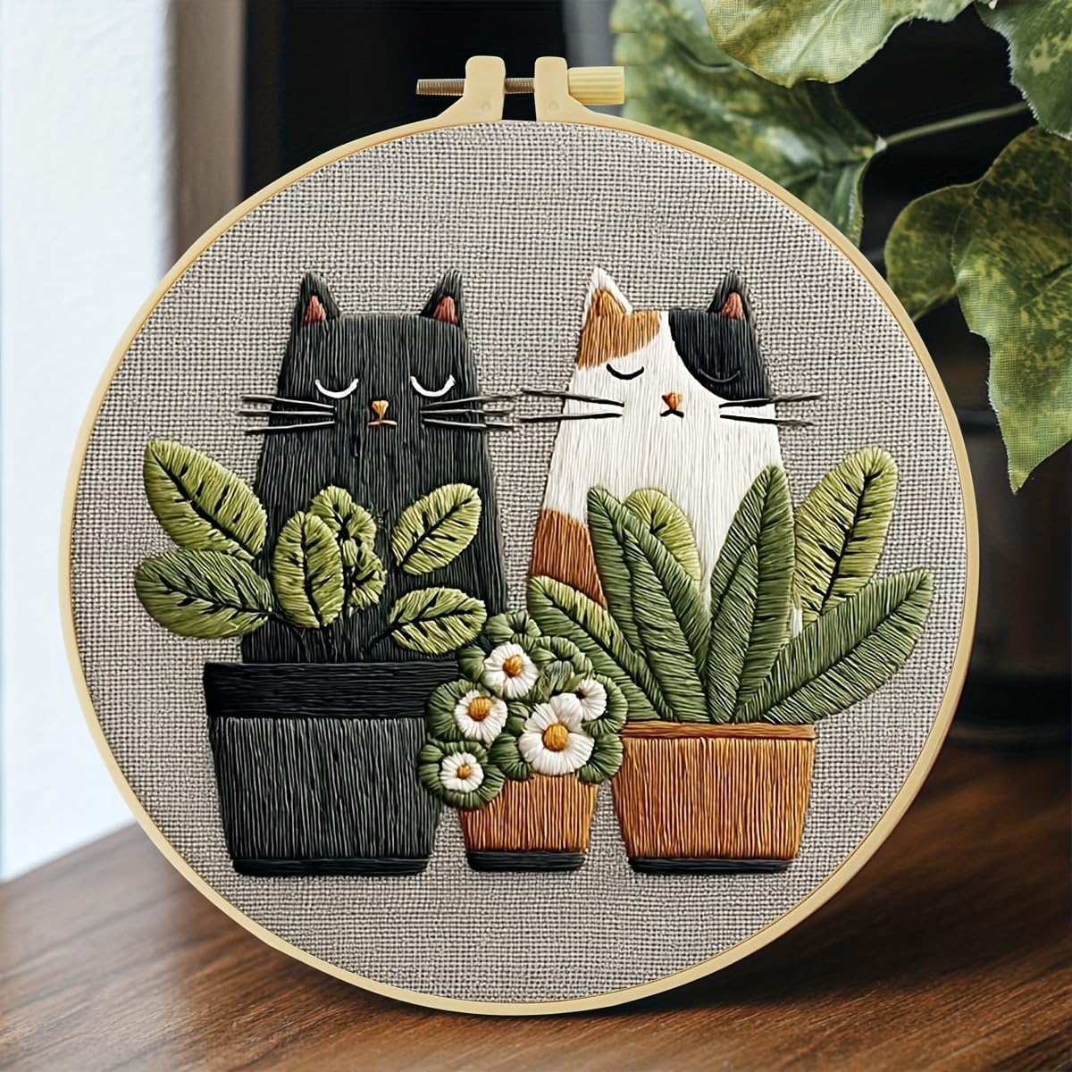 Cute Cat, Plants Patterns Embroidery Kits for Beginners,Adults Starter Cross Stitch Kit with Funny Animal Pattern,DIY Needlepoint Everything is Fine,Step by Step Instructions and Video Tutorial