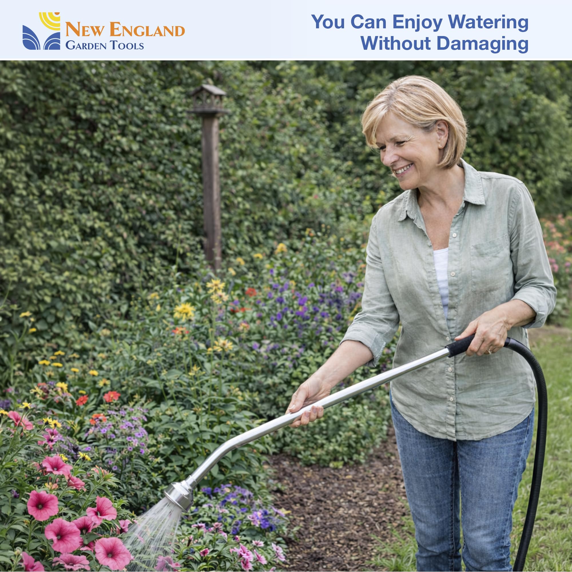 Varita de manguera de agua de metal de 30 pulgadas con spray suave 600003 con agarre cómodo y válvula de cierre de New England Garden Tools para limpieza, riego de plantas y patios, lavado de coches y