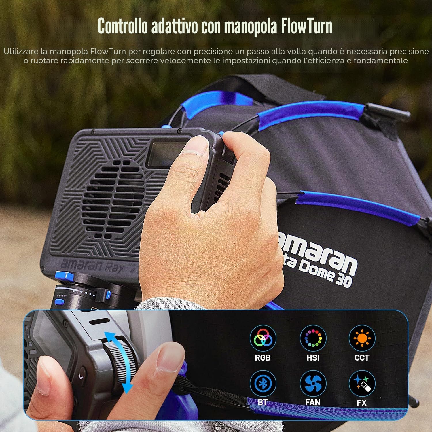 amaran Ray 120c 120 W Luce LED COB Full-Color Ultra-Compatta con Attacco Bowens, USB-C PD & Ace E-Lock, IP54