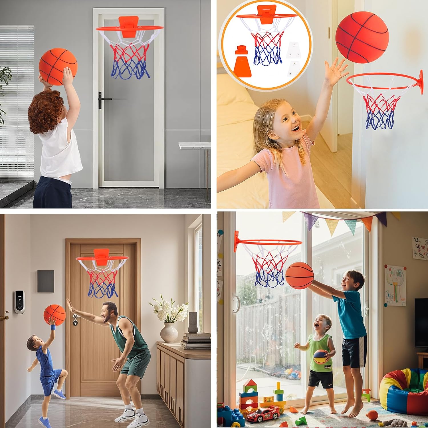 Silent Basketball Hoop for Indoor Wall Mount, Fits Size 7 Balls, Hoop Only | Foldable 14-inch rim, no-drill adhesive wall mount, space-saving for bedroom, office and home, basketball not included
