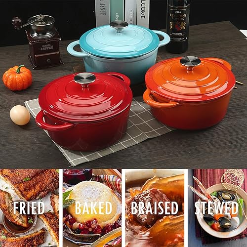 Miniatura 91 de Cacerola de hierro fundido COOKWIN, 3.8 QT, Sartén de hierro fundido con tapa y asas dobles, olla de superficie esmaltada de porcelana, Verde azulado