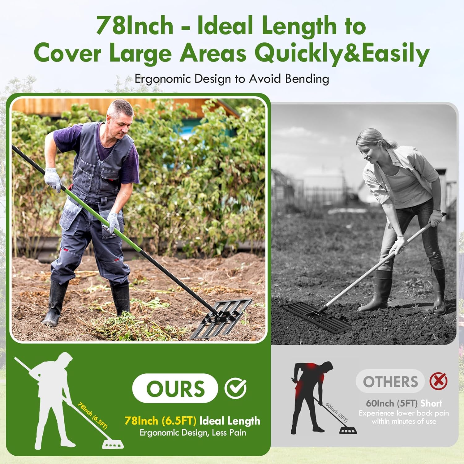 Seeutek Lawn Leveling Rake, 45" x 10" Heavy Duty Yard Leveling Rake Tool with 0-180° Adjustable Handle, 6.5FT Steel Handle Lawn Leveler for Yard Garden Golf, Ease Level Soil Sand Dirt Surface