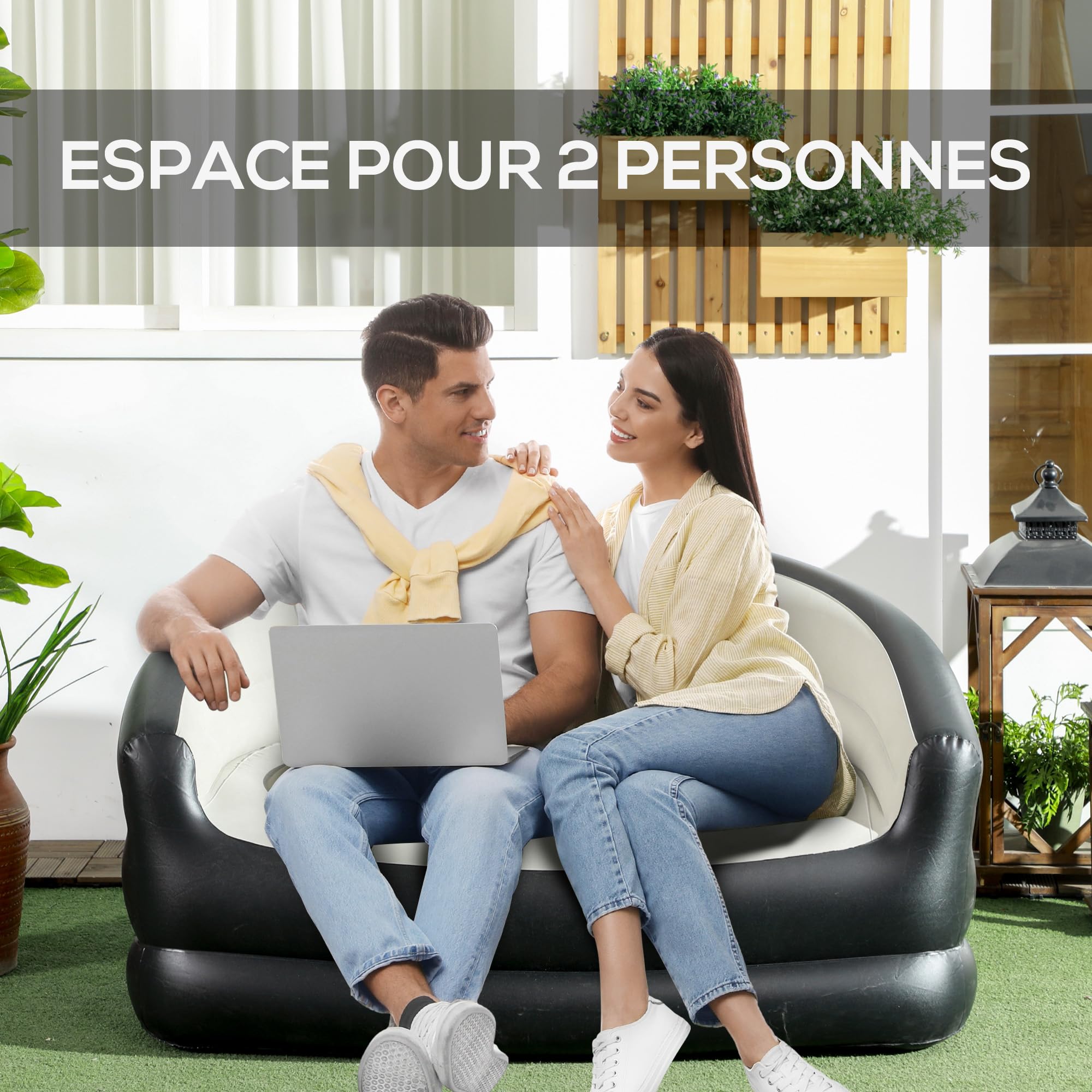 Outsunny Sofá Inflable para 2 Personas Sofá Aire Exterior 138 x 87 x 71 cm, Negro y Gris