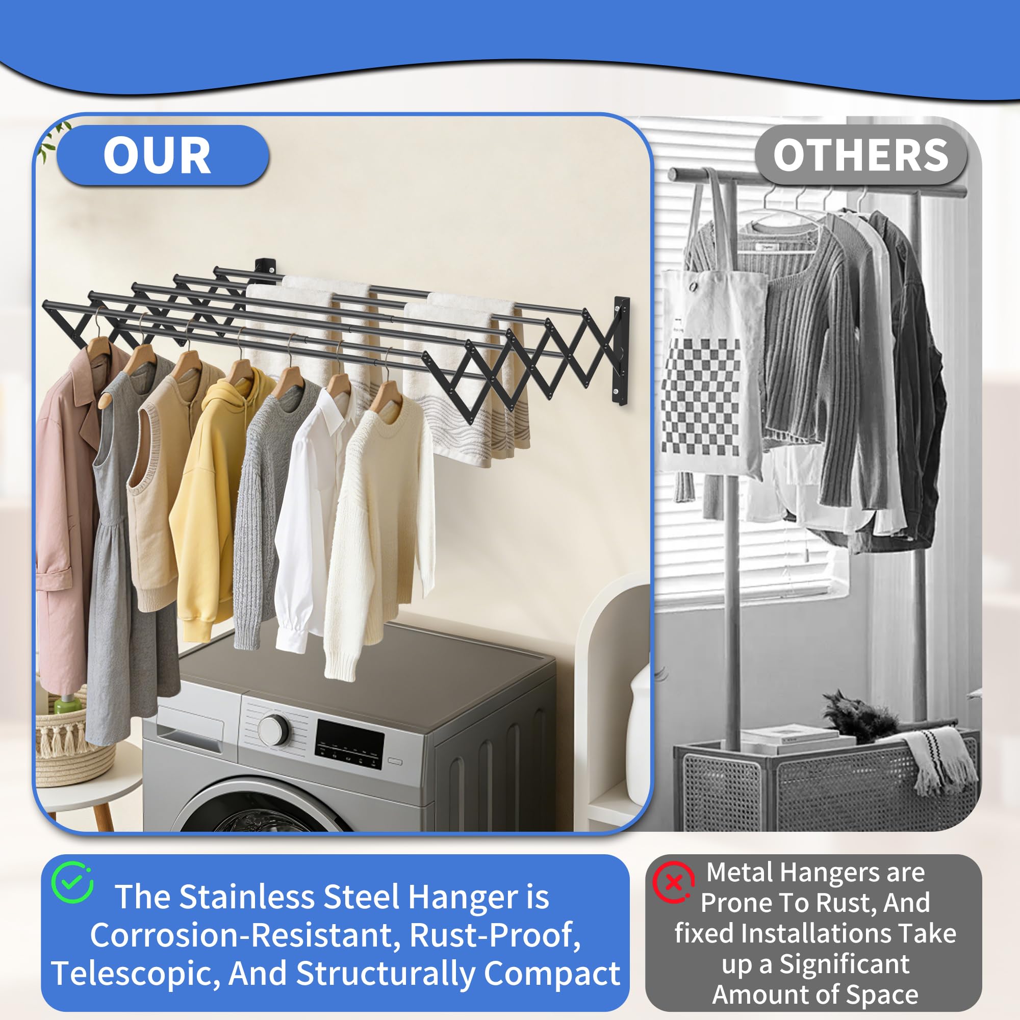 OUUTMEE Étendoir à linge mural extensible | Porte-serviettes pliable en acier inoxydable | 42 à 80 cm | Étendoir à linge rétractable pour intérieur ou extérieur, salle de bain, balcon, noir, taille M