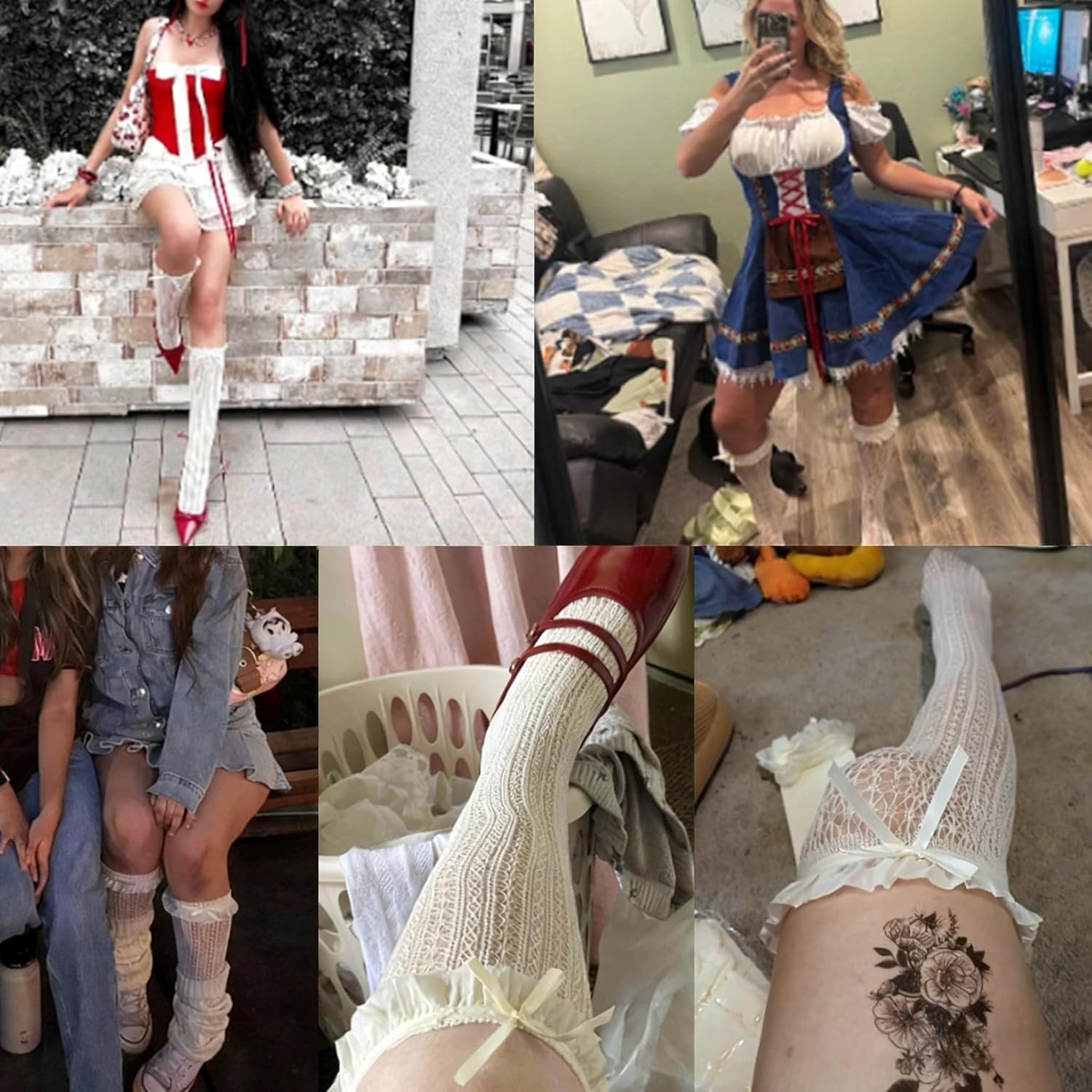 Women's Lace Knee High Socks, Cute Mesh Fishing Net Stockings with Bow, for Lolita Princess Valentines - Image 7