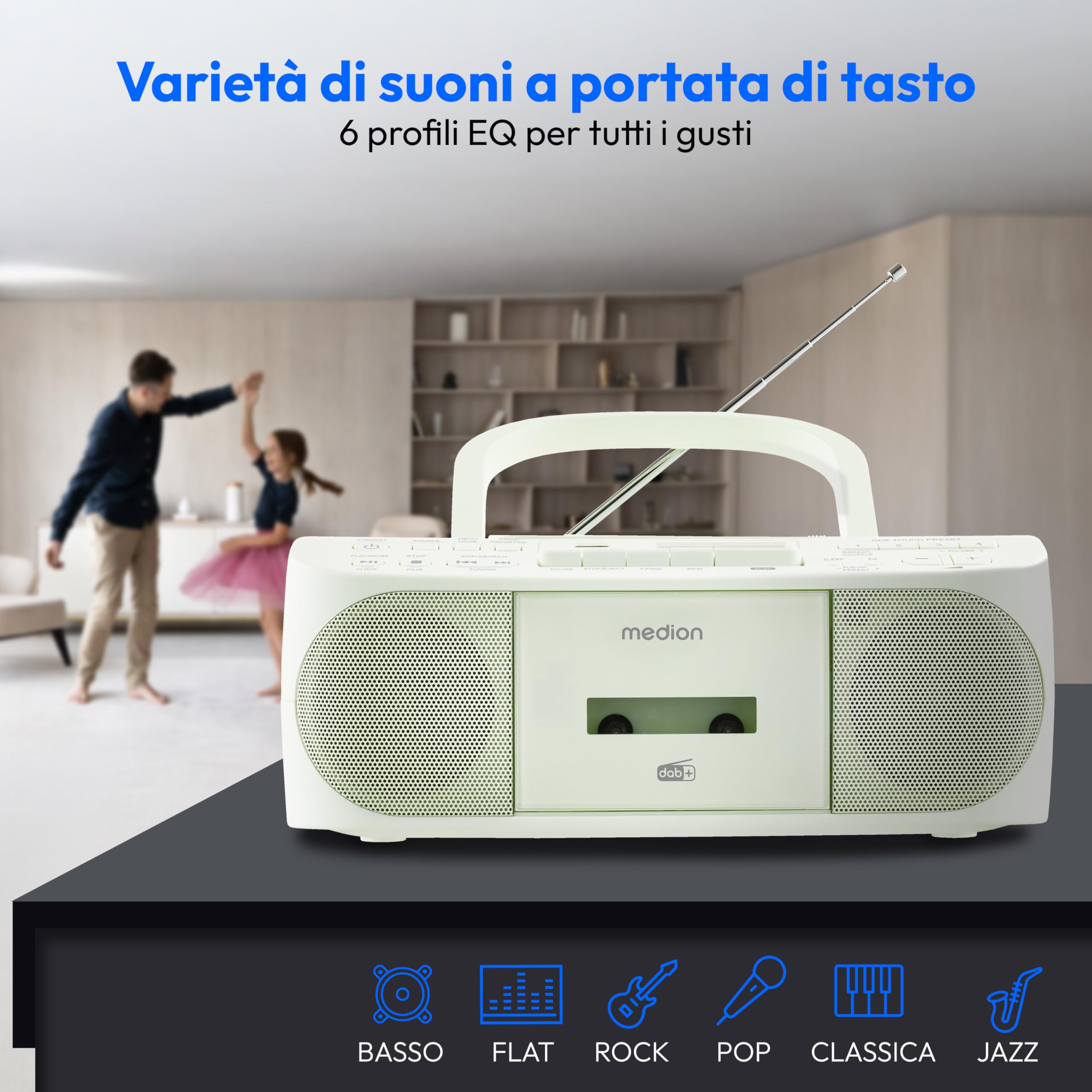 MEDION DRX-1 Plus Boombox (radio portatile DAB+ e FM, Bluetooth, lettore CD, MP3, cassetta, uscita cuffie, stereo, AUX, alimentazione rete & batteria) verde