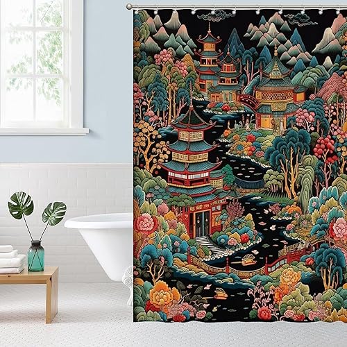 Miniatura 411 de Cortinas de ducha de baño con ganchos, 72 x 92 pulgadas, cortina de ducha de tela impermeable con diseño de flores y pájaros, cortina de ducha