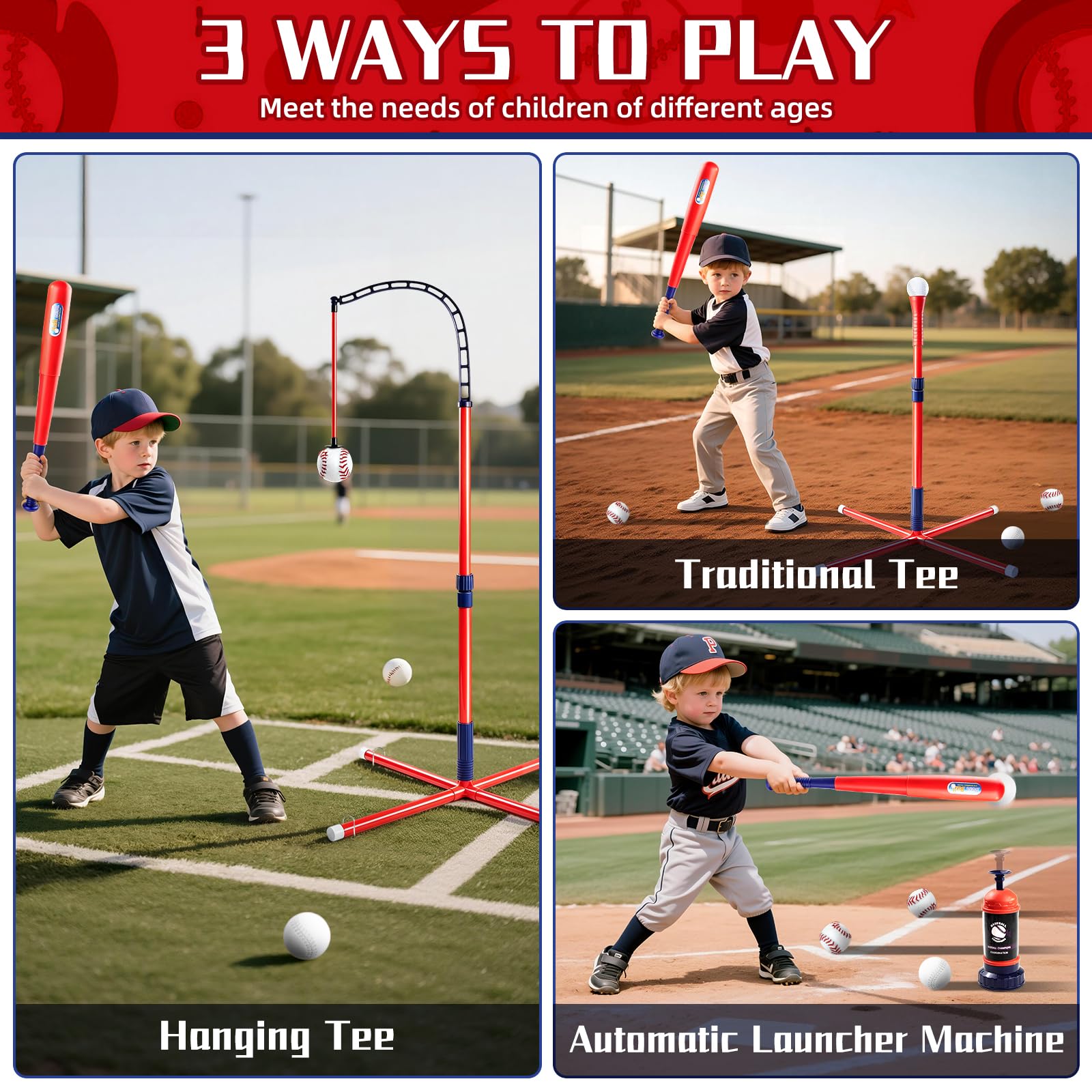 Juego de béisbol 3 en 1 para niños de 3 a 5, altura ajustable para colgar, juego de béisbol con raquetas, soporte para golpear pelotas en T, lanzador de pelotas, juguetes deportivos para