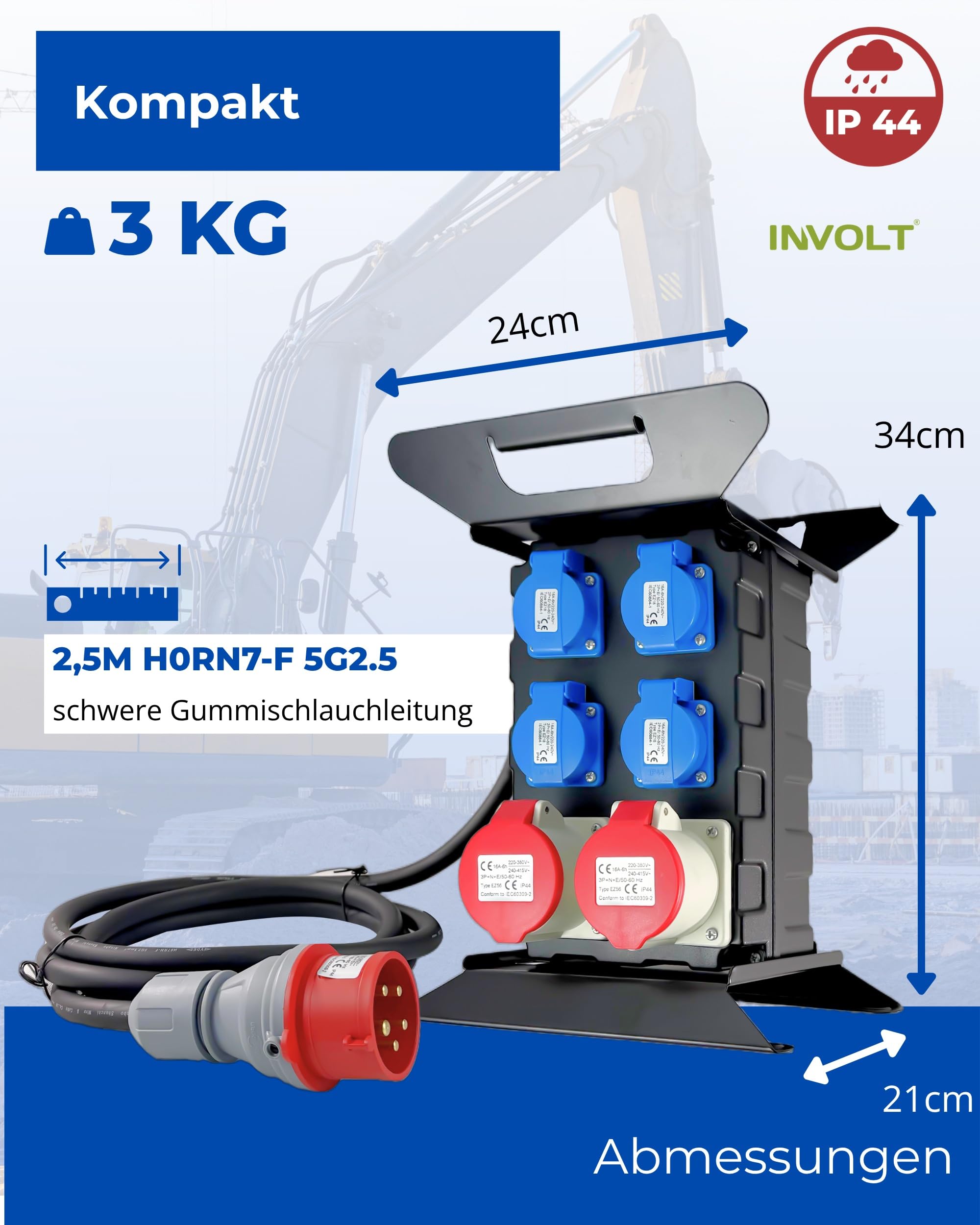 INVOLT Distributore di corrente, spina CEE 400 V/16 A/5 poli, 4 prese Schuko e 2 prese CEE 16 A, adattatore mobile, distributore per interni ed esterni, IP44