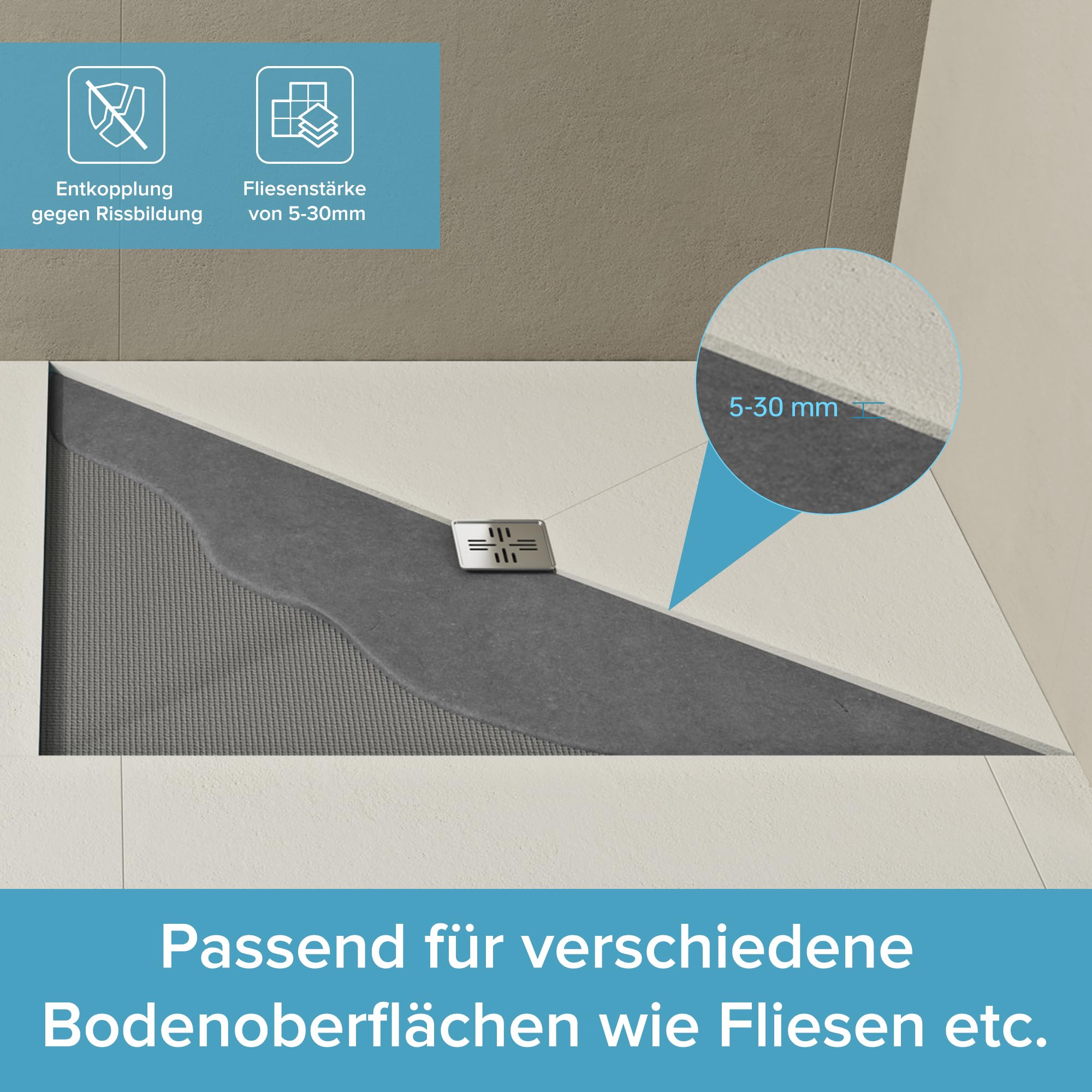 doporro Receveur à Carreler Recoupable sur Mesure pour Douche Bac de Douche avec Pente Intégrée 100x100x4cm avec Bonde AL06 Design XPS