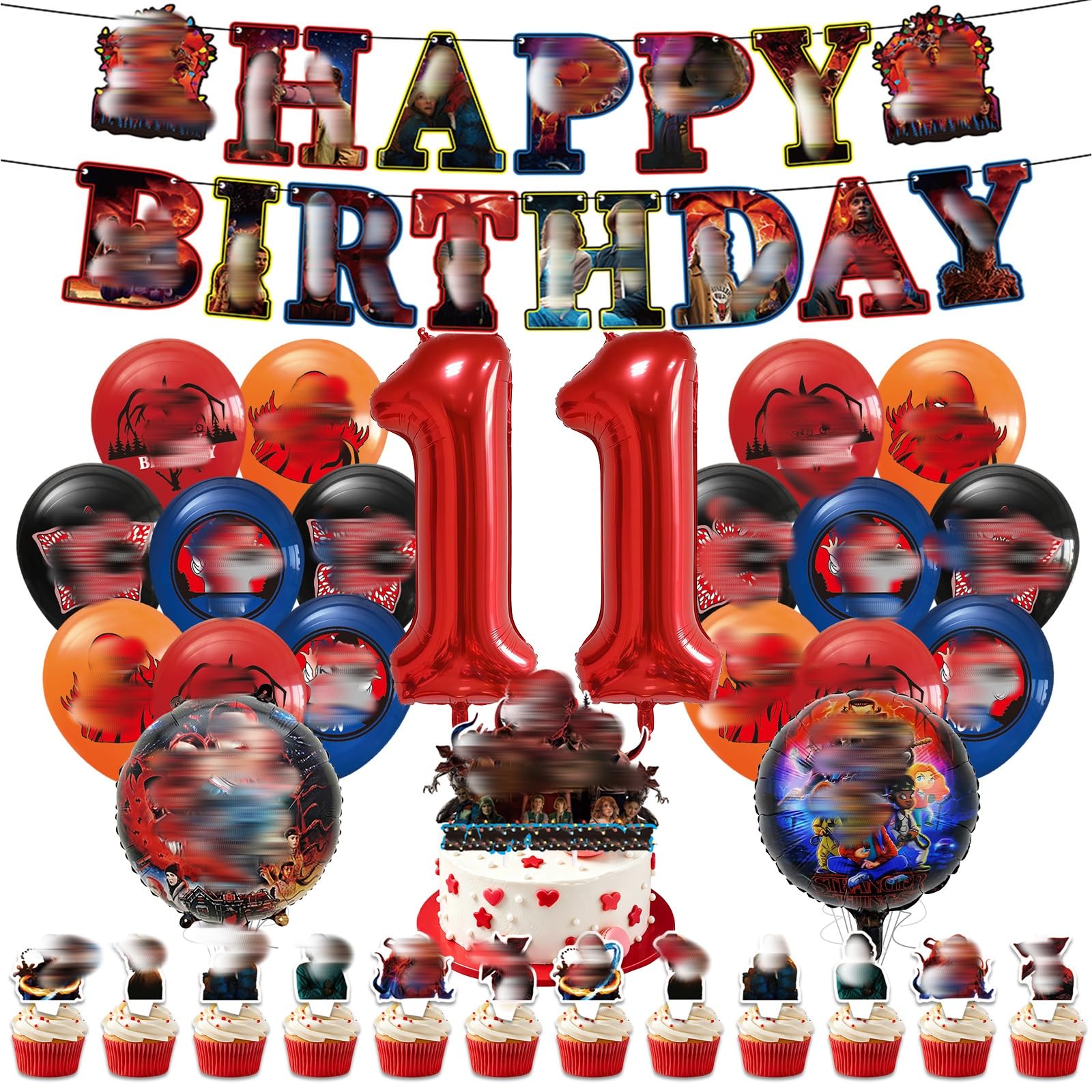 Stranger Birthday Decorations, 11th Birthday Party Decorations with Balloons Cake Toppers Banner for Fans Kids Girls Boys