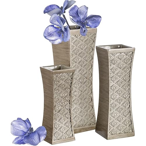 Dublin Flower Vase Set of 3 - Centerpieces for Dining Room Table, Decorative Vases Home Decor Accents for Living Room, Bedroom, Kitchen & More Packaged in Gift Box (Brushed Silver)