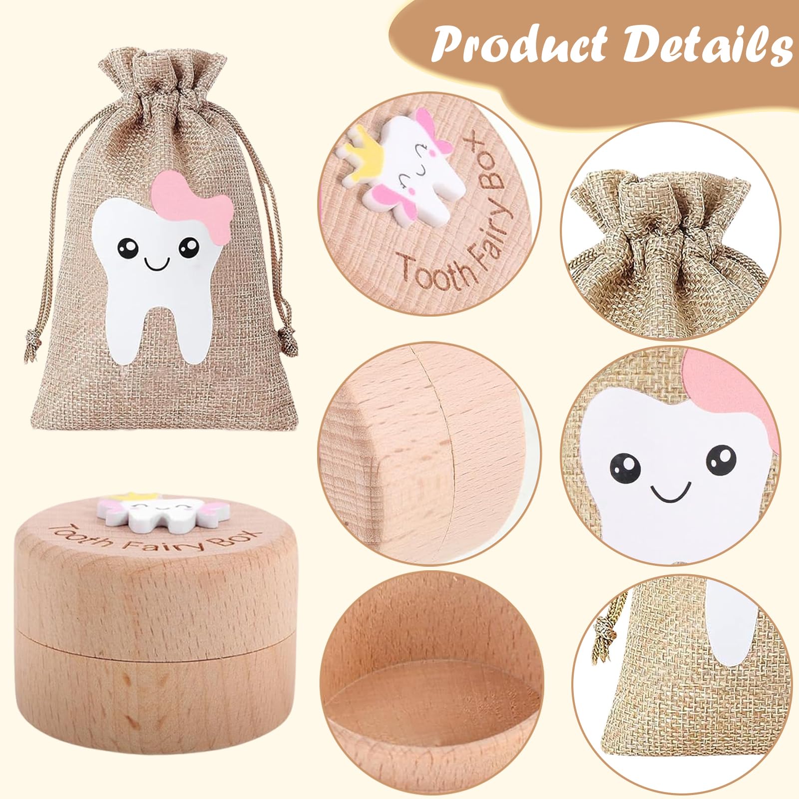 PSFYRN Wooden Tooth Fairy Storage Box with Bag for Lost Teeth - 3D Carved Personalized First Keepsake for Kids (Girl) - Image 3