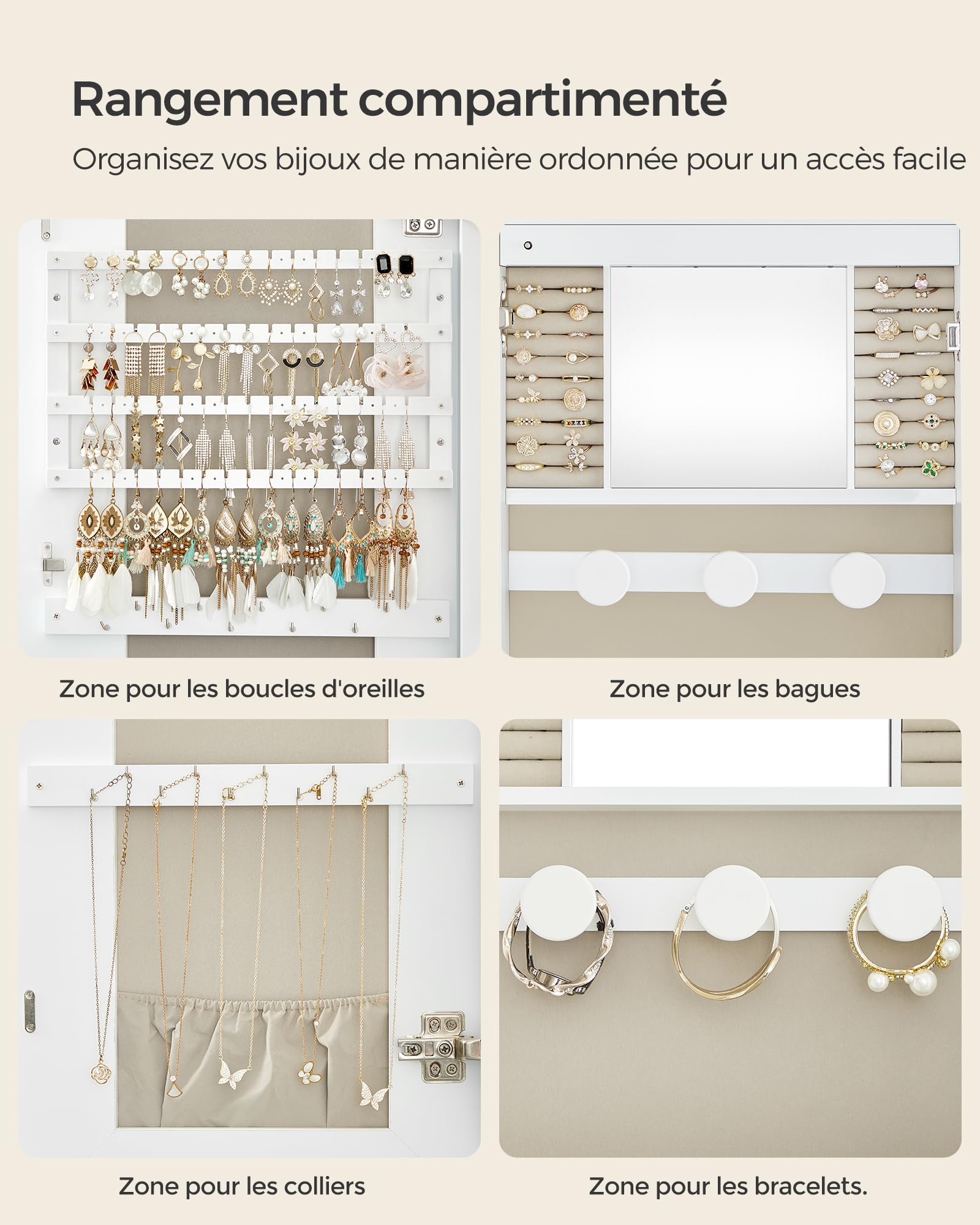 SONGMICS Armoire à Bijoux, Miroir Mural avec LED et Serrure, Miroir Psyché avec Plusieurs Compartiments, pour Boucles d’Oreilles, Colliers, Surface Blanche et Doublure Grise Beige JJC026W01