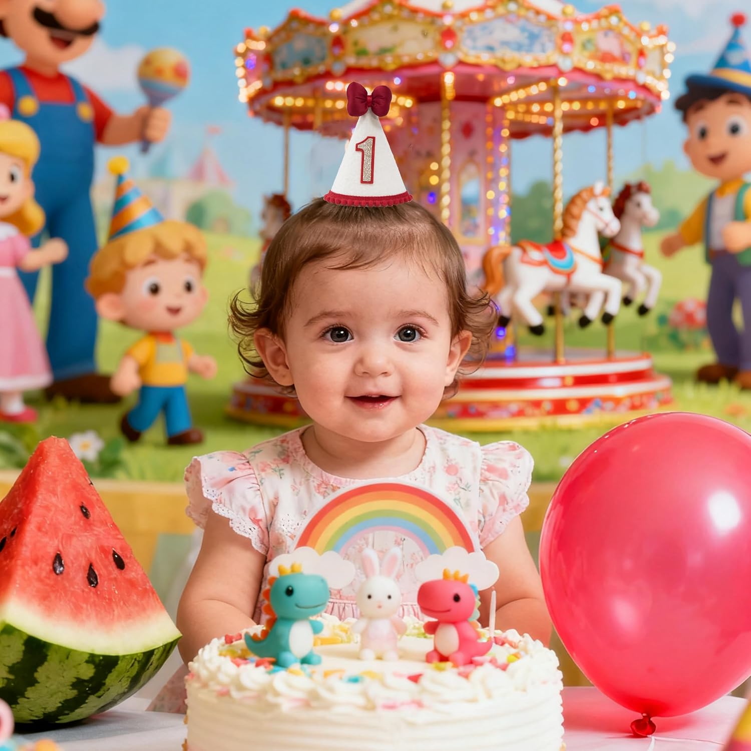Baby First Birthday Crown Hat, White Felt with Red Bow, Gold Number 1, Party Headband for 1 Year Old - Image 4