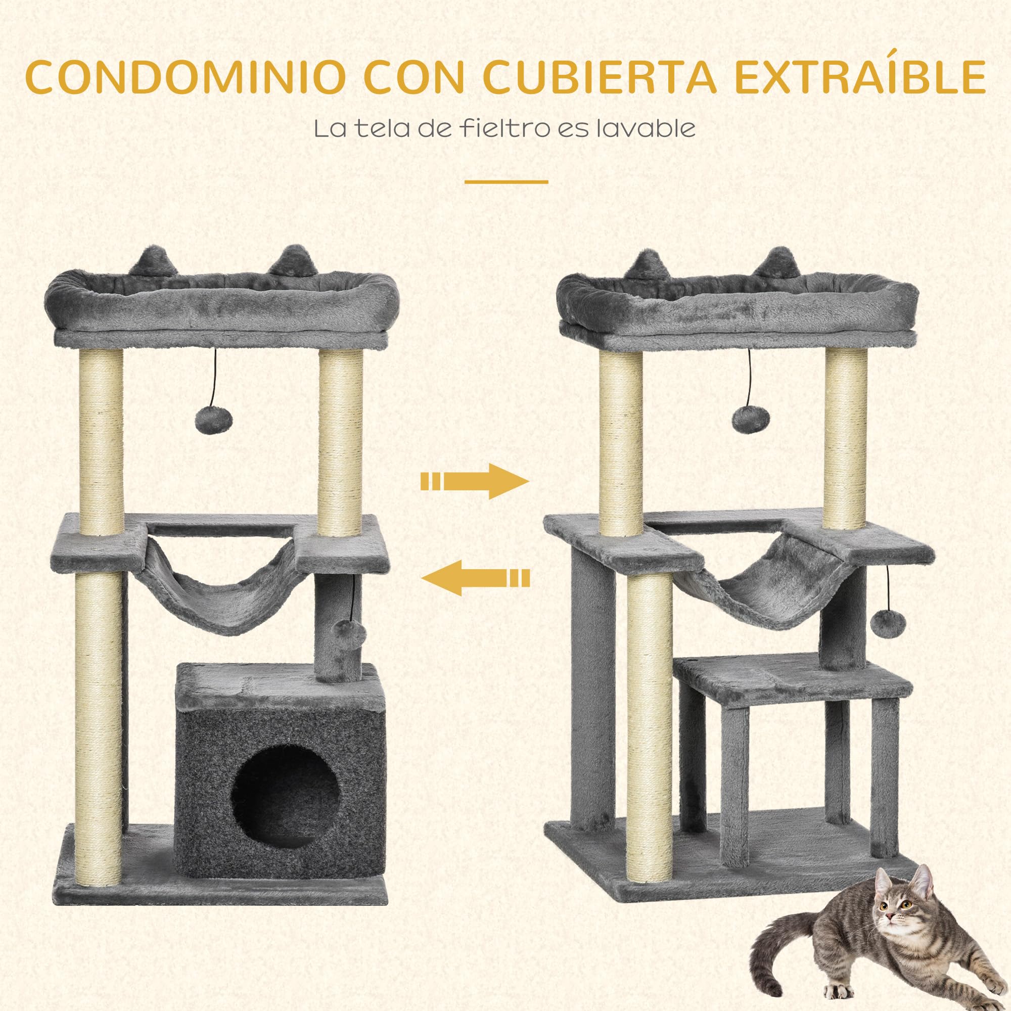 PawHut Árbol Rascador para Gatos Altura 90 cm 3 Niveles 48x48x90 cm Gris | Árbol para Gatos, Torre, Nido, Hamaca, Plataforma, Bolas Colgantes, Poste de Sisal