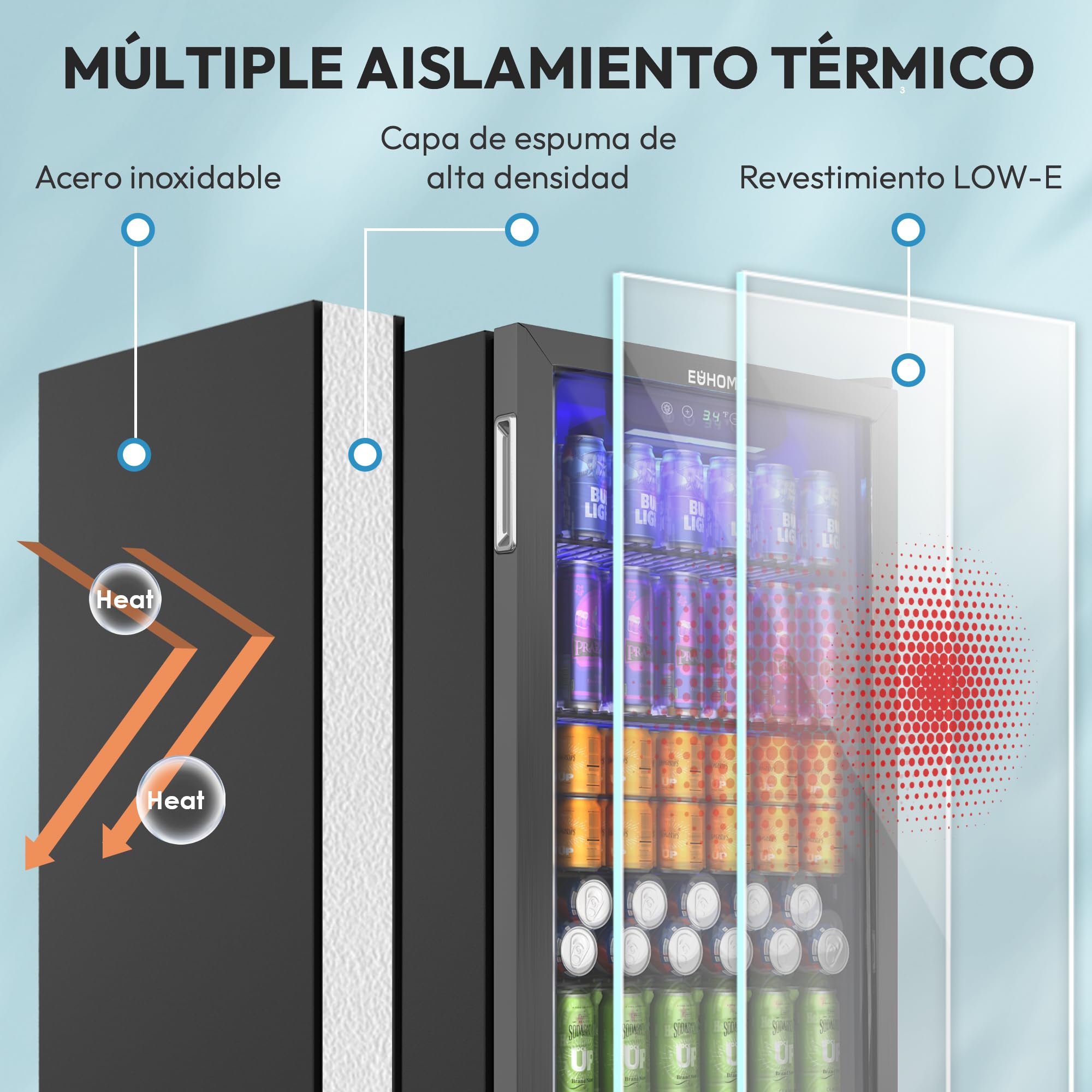 EUHOMY Refrigerador de bebidas, mini nevera para 126 latas con puerta de cristal, nevera pequeña con estantes ajustables para limonada, cerveza o vino, para el hogar/bar/oficina,