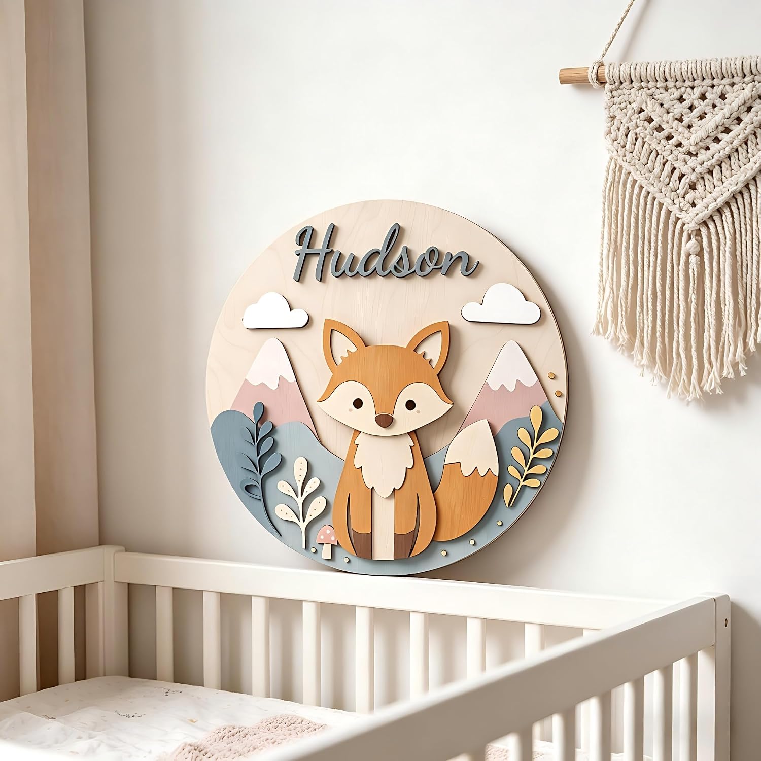 Personalized Name Signs for Kids Room, Custom Kids Name Signs for Bedroom Wall, Woodland Fox Nursery Decor, 12 Inch Round Wooden Baby Name Plaque