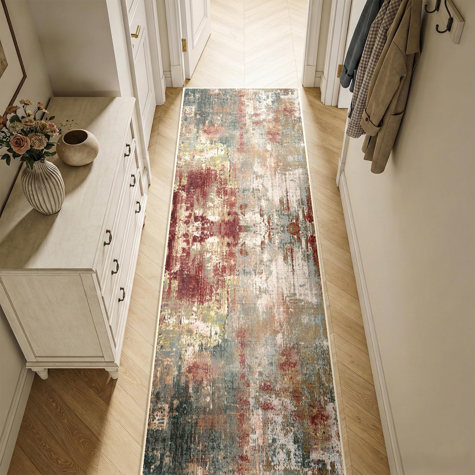 DEFYNEE Modern Abstract Rugs Living Room 60x300 cm Non-Slip Soft Low-Pile Washable Rug for Hallway, Bedroom, and Office-Redbrown โ image 1