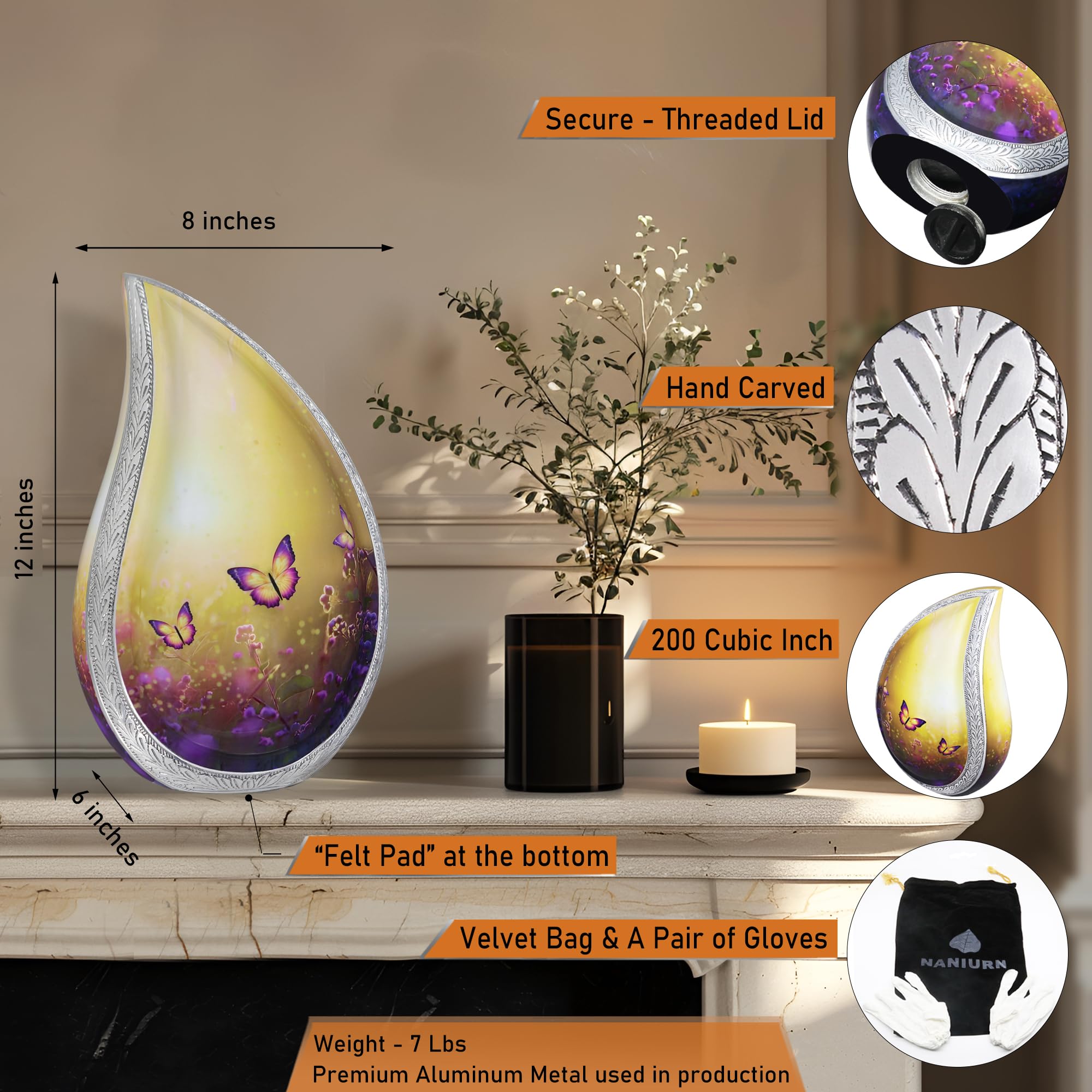 NANIURN Urn for Ashes for Women & Men, Cremation Urns for Human Ashes Adult Female & Male, Funeral Cremation Urns, Decorative Tear Drop, Purple Butterfly and Lavender, Yellow - Large Teardrop